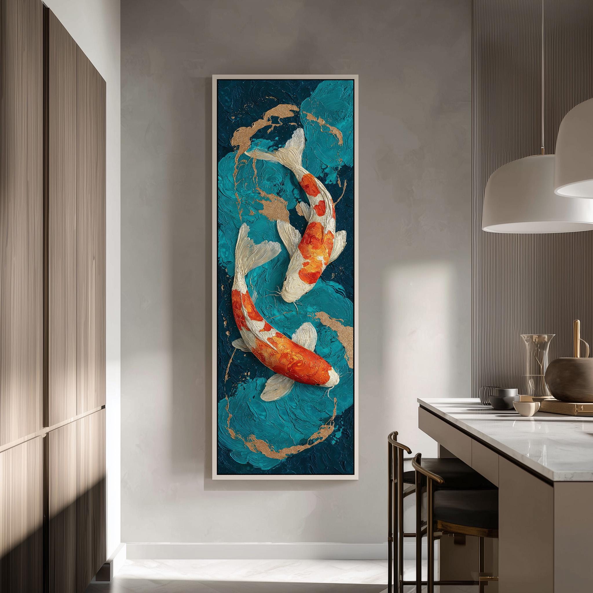 a large painting of two koi fish swimming in a blue and green pond, hanging on a wall in a modern kitchen.