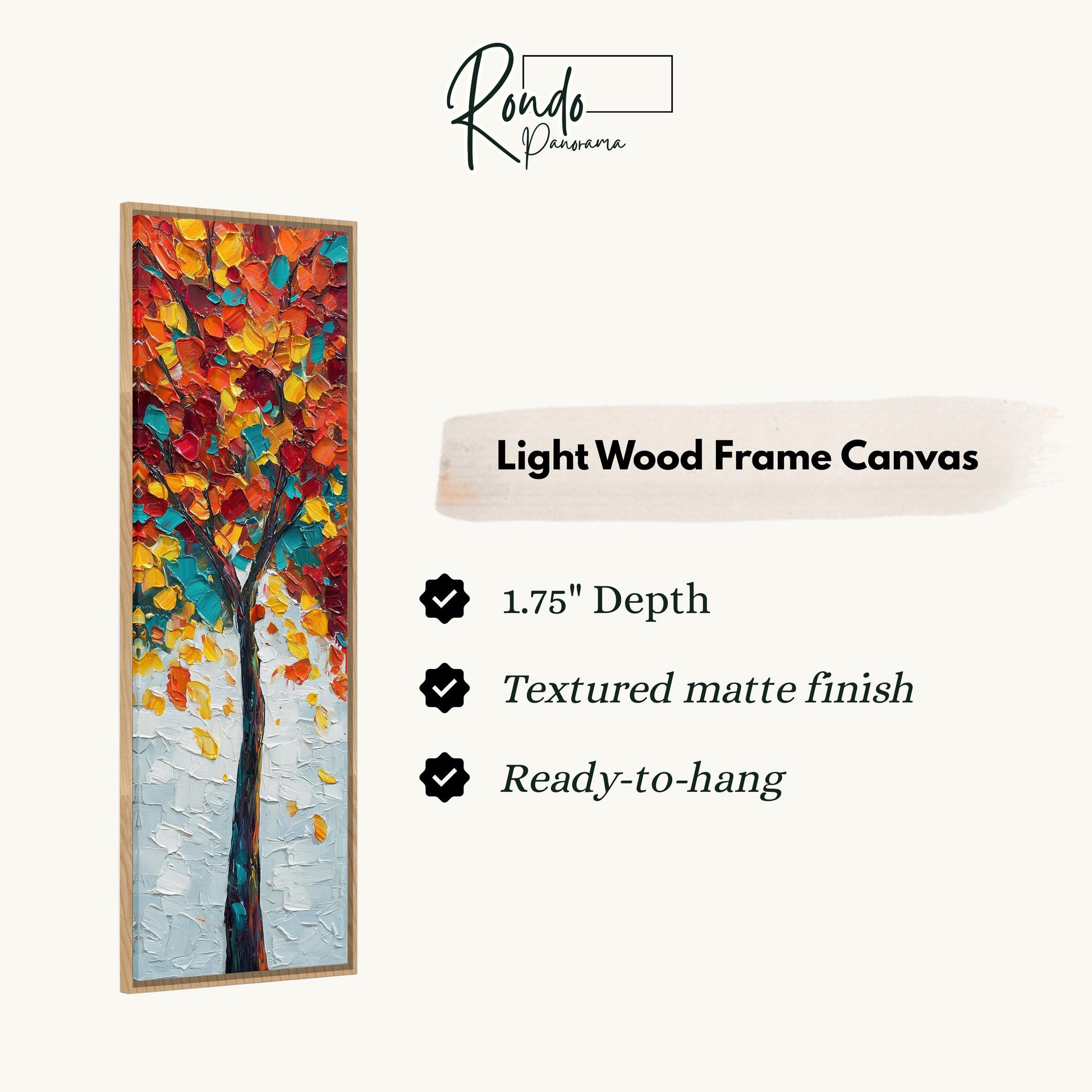 The image is a rectangular painting of a tree with autumn leaves, displayed in a light wood frame.