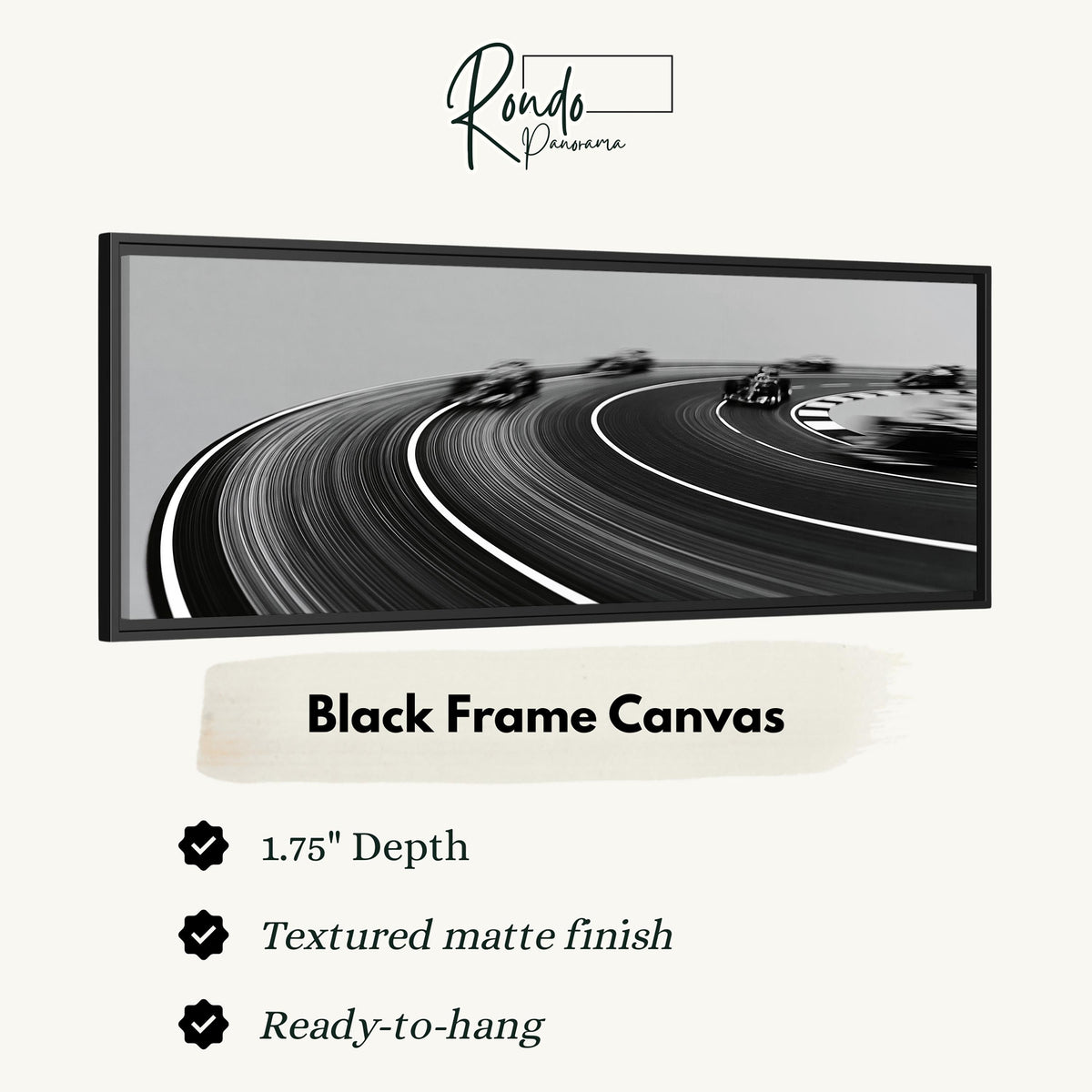 Race cars sweeping around a curve in black and white canvas print in a black floating frame