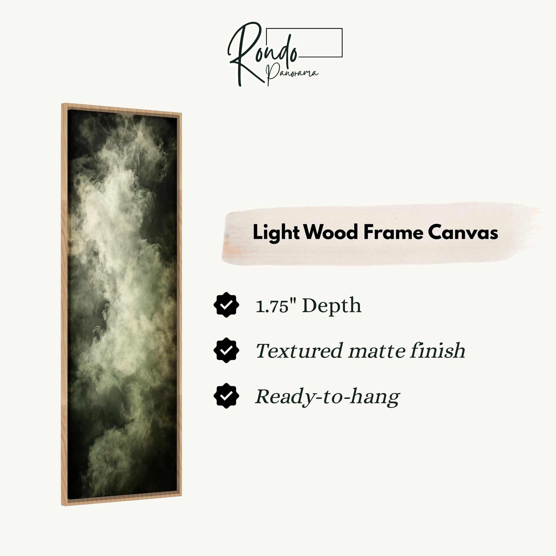 The image is a light wood frame canvas with a black and white image of a cloud-like shape on it.