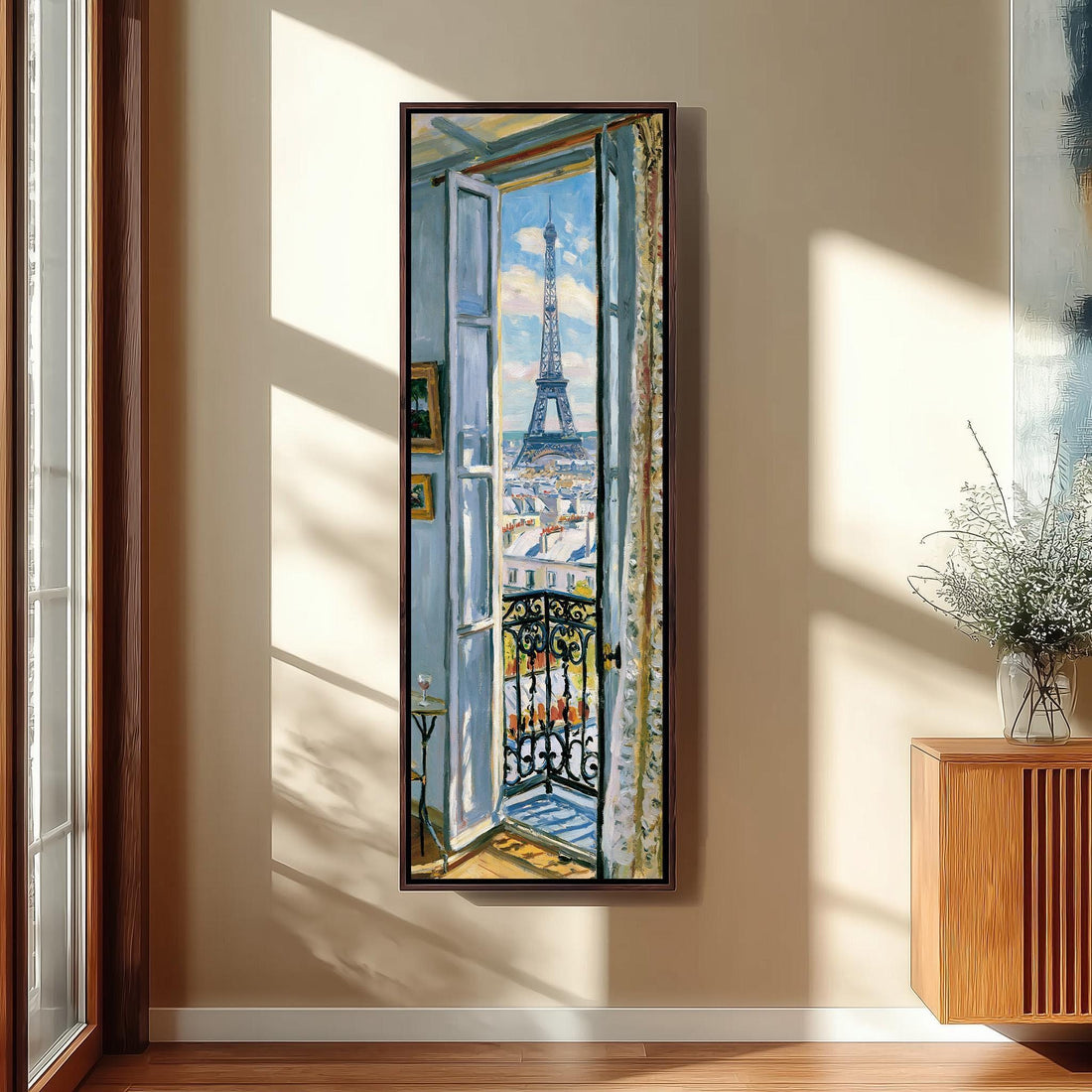 Eiffel Tower through a tall blue window long vertical canvas print in a sunlit living space