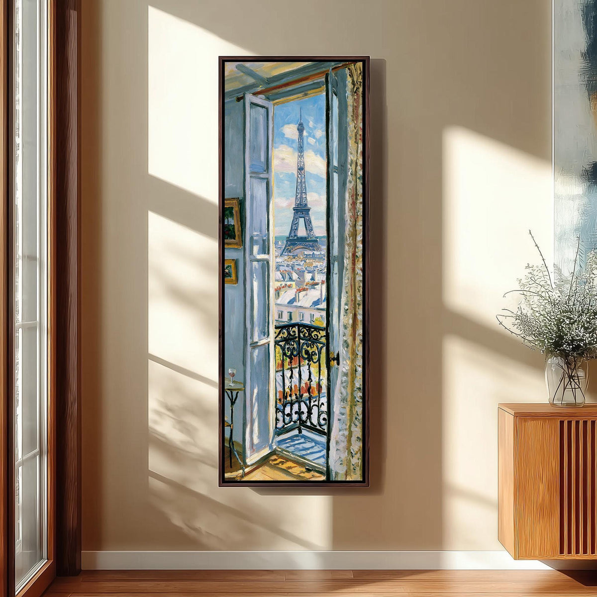Eiffel Tower through a tall blue window tall skinny canvas print in a sunlit living space
