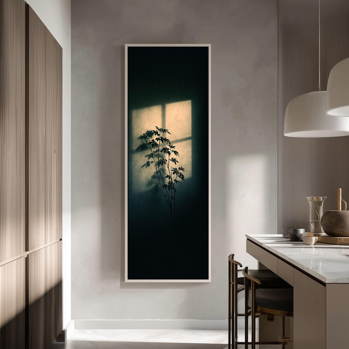 Plant silhouette in a beam of window light tall skinny canvas print in a modern kitchen
