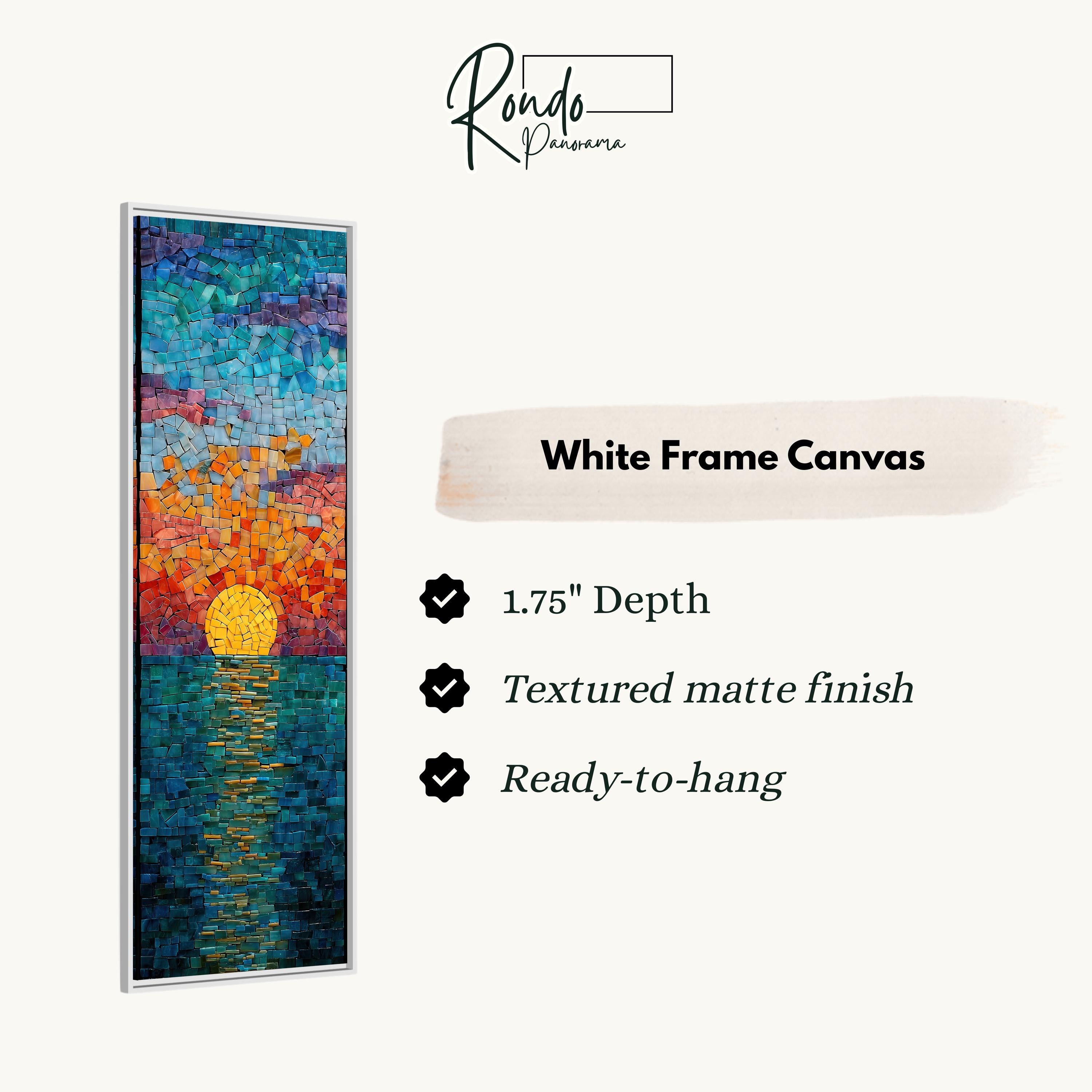 The image is a white frame canvas with a colorful mosaic artwork depicting a sunset over the ocean.