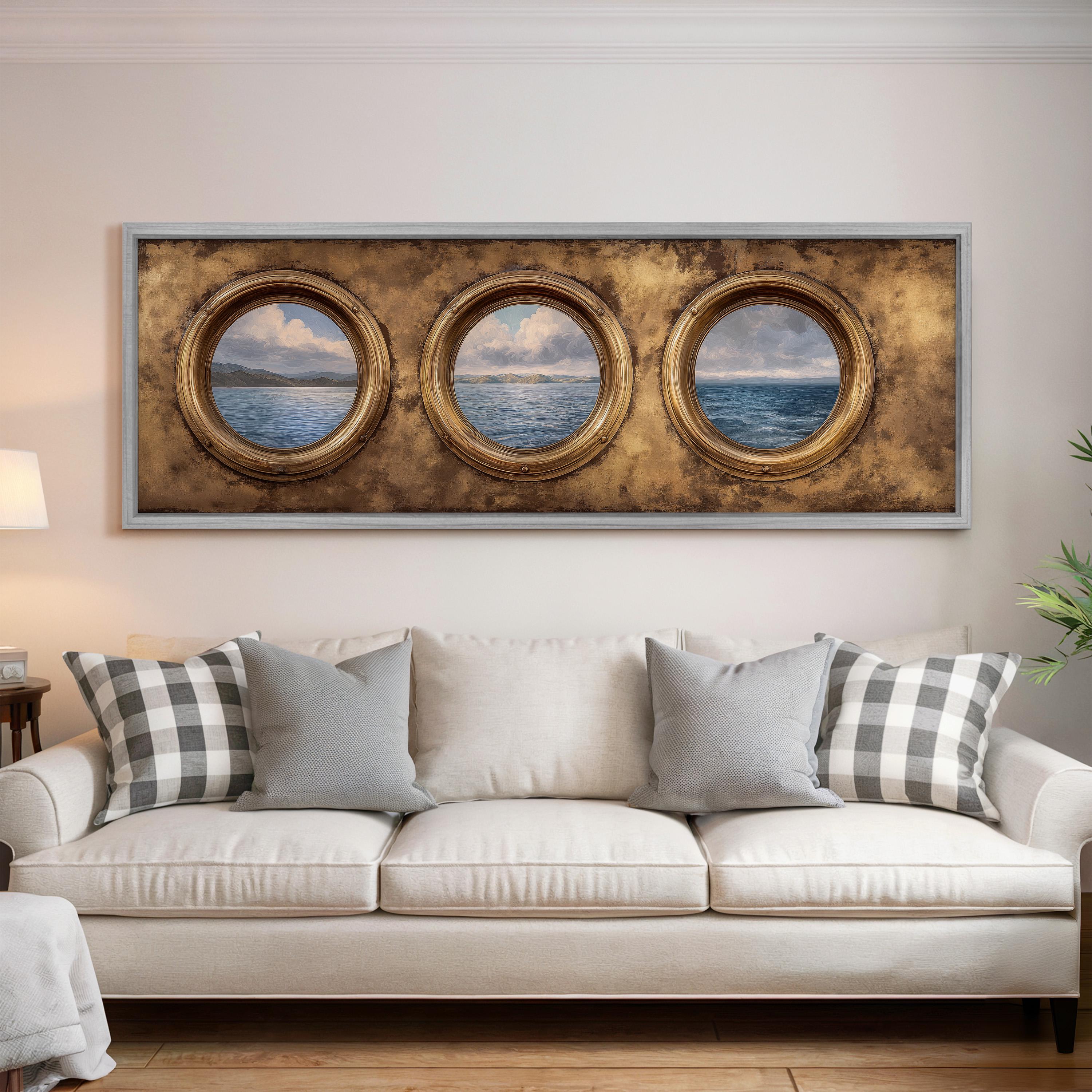 a large, three-panel artwork hanging on a wall above a white couch with gray and white plaid throw pillows.