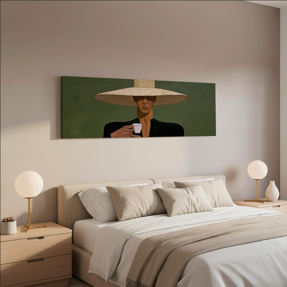 Shadowed woman in a sun hat with espresso wide panoramic canvas print above a bed in a neutral bedroom