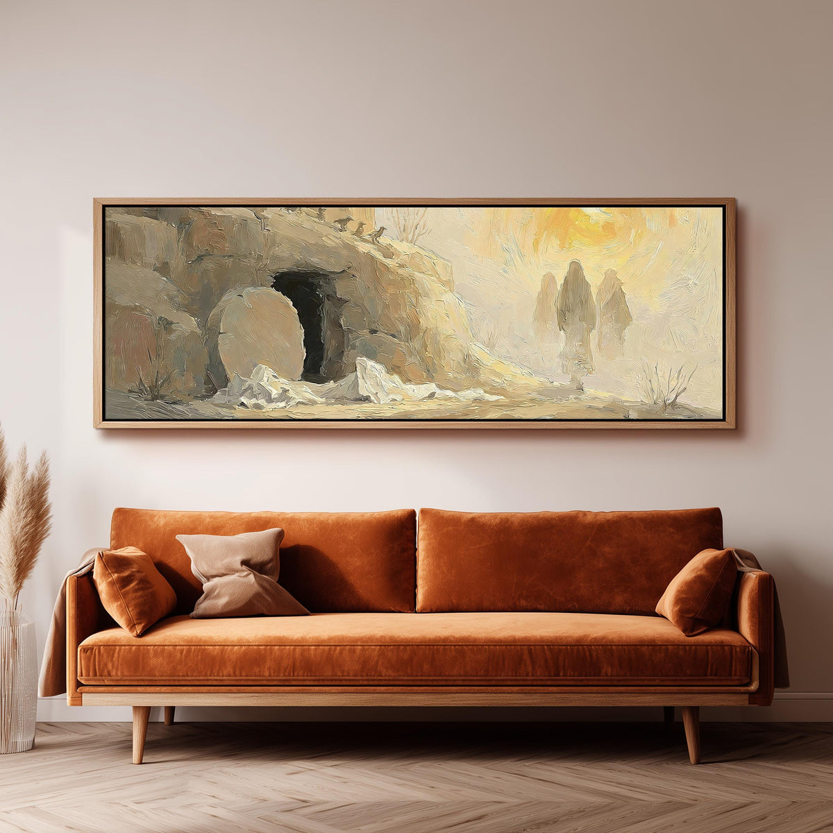 The empty tomb at sunrise panoramic canvas print above a sofa in a living room
