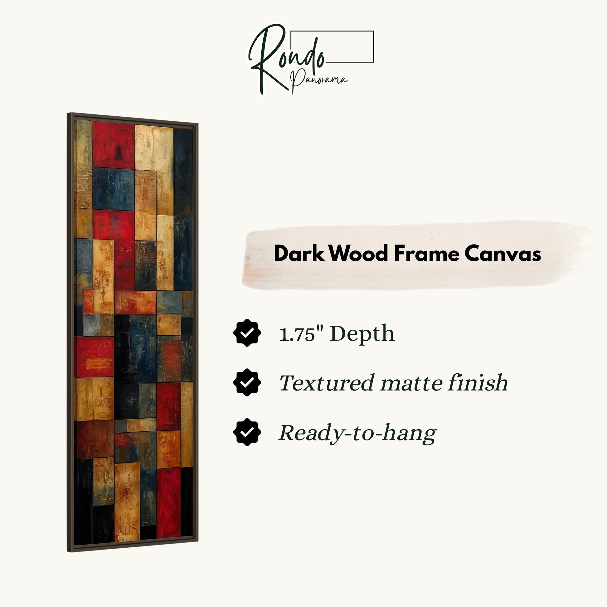 The image is a product advertisement for a dark wood frame canvas. It features a vertical piece of art with a textured finish and a 1.75" depth. The text highlights the features of the canvas, such as the textured matte finish and the readiness to hang.