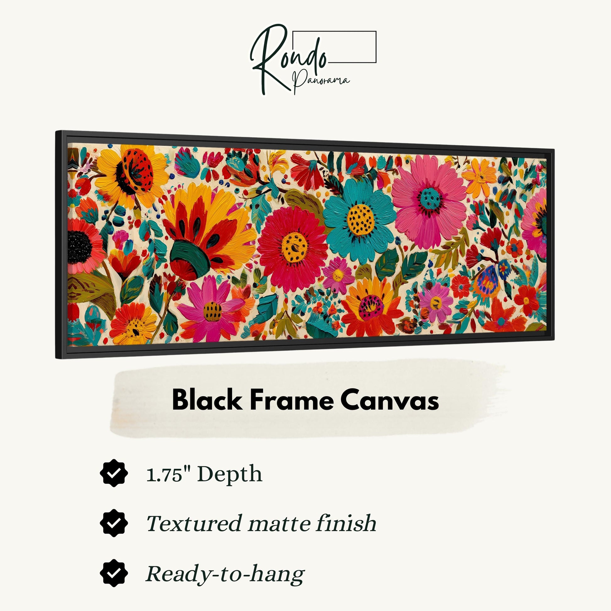 The image is a black frame canvas featuring a vibrant floral pattern with various colorful flowers and leaves.