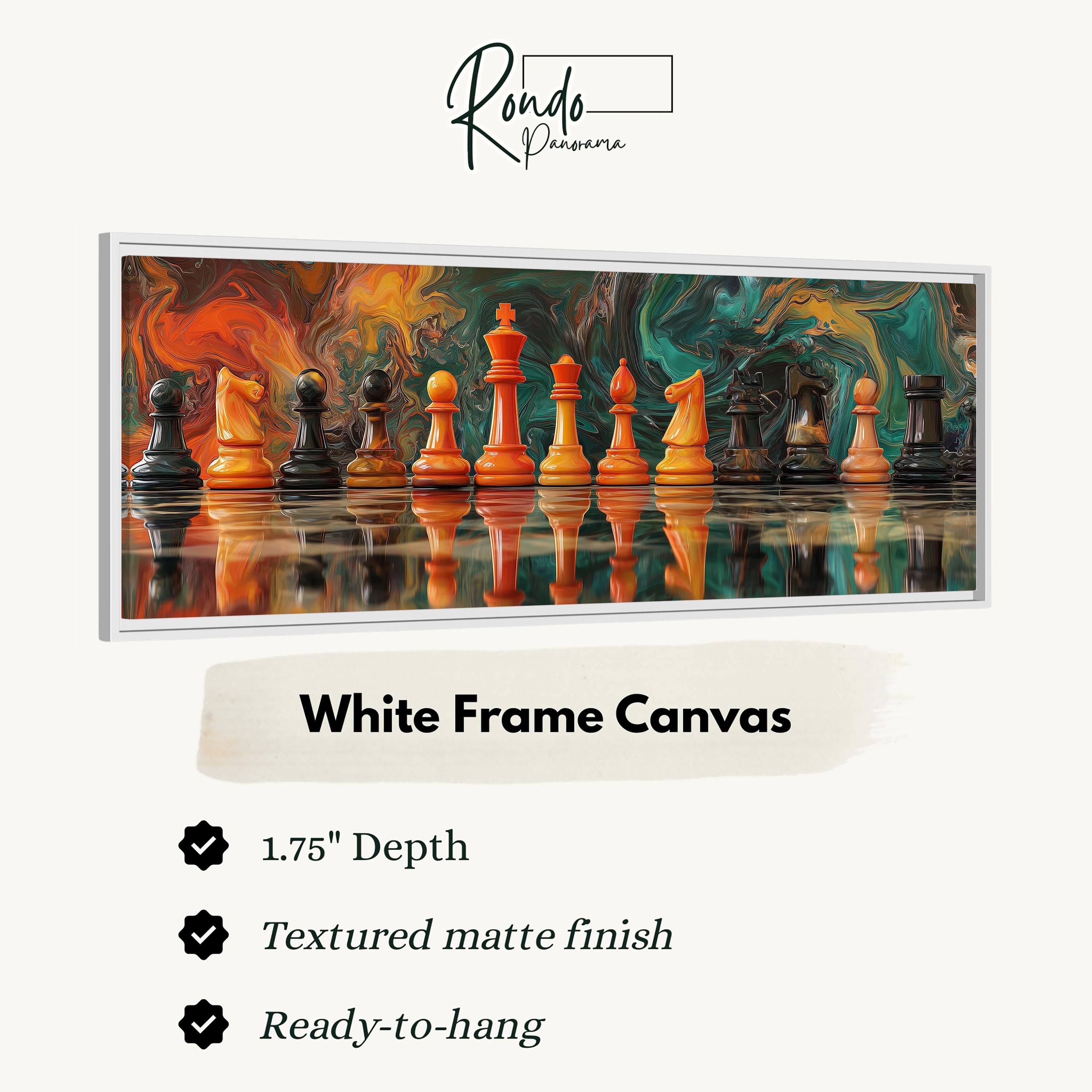 The image is a white frame canvas featuring a chess set with black and orange pieces arranged in a row.