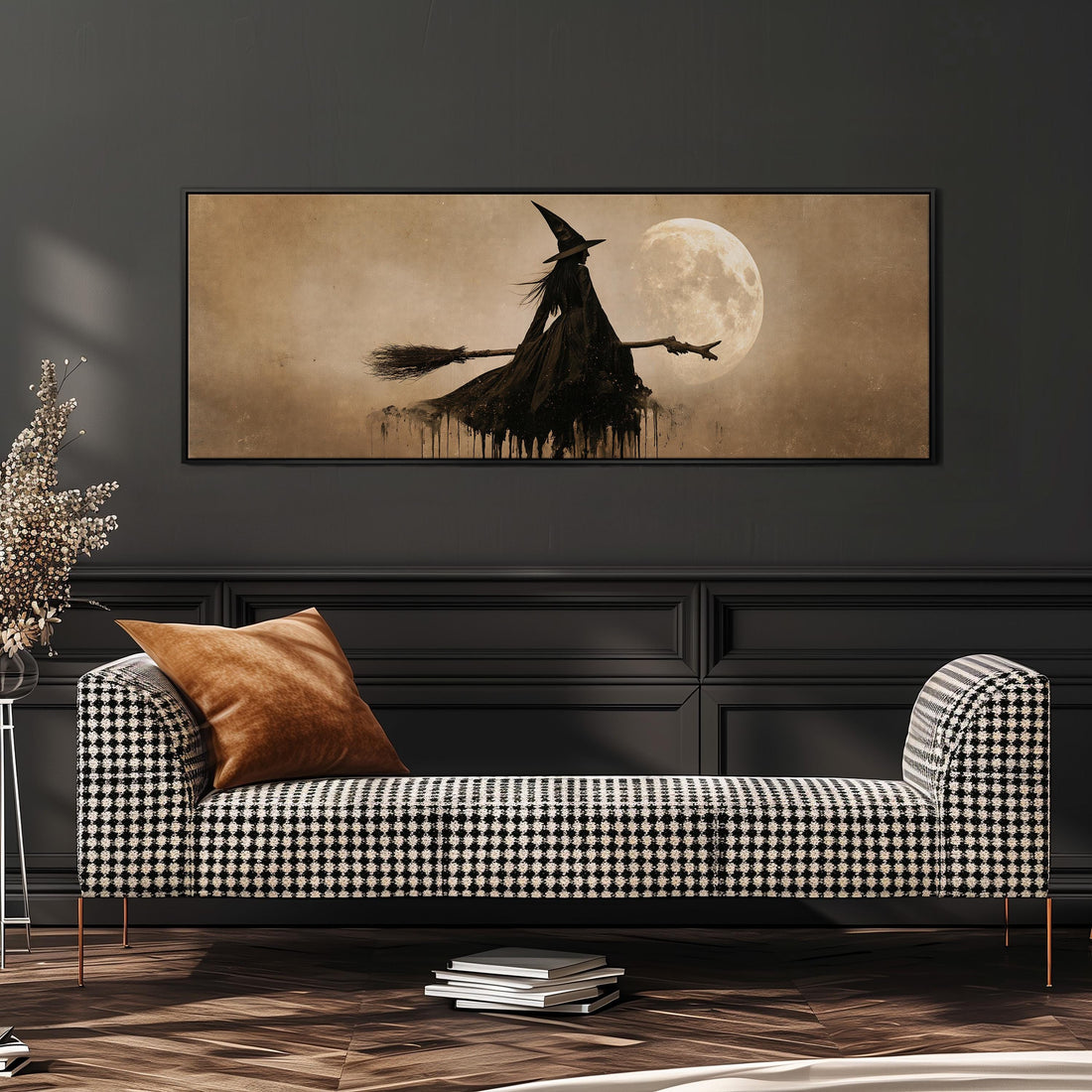 Witch flying past a sepia moon long horizontal canvas print above a sofa in a living room