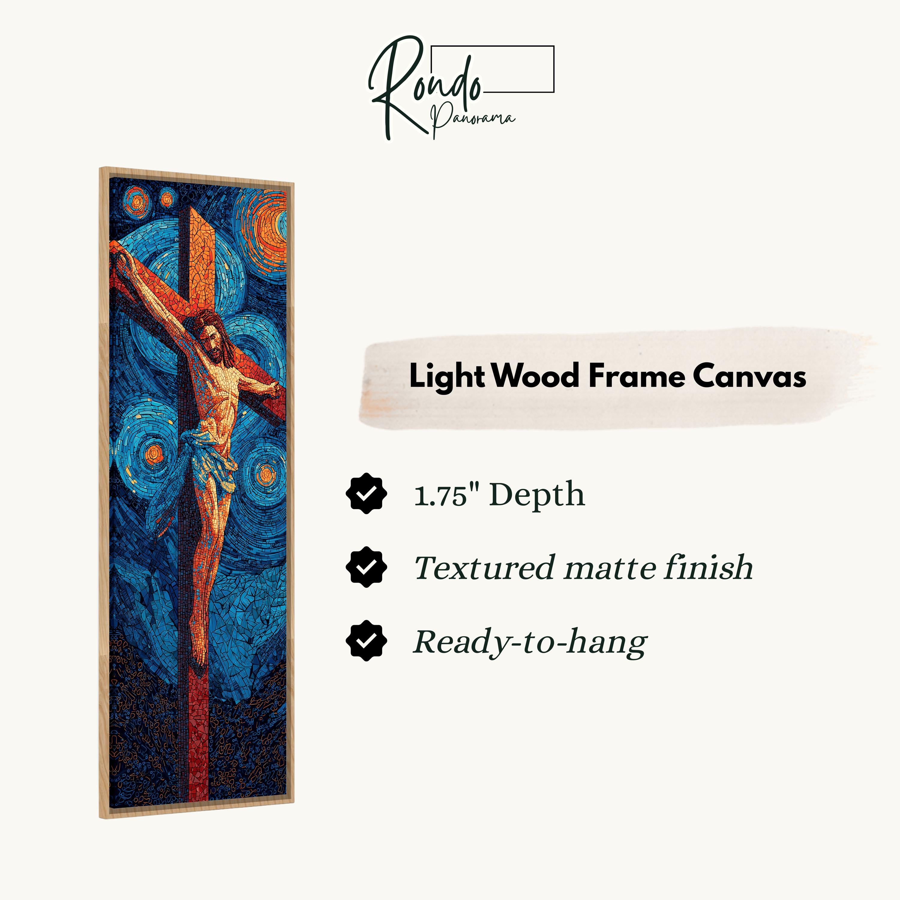 The image is a light wood frame canvas depicting a painting of Jesus Christ on the cross.