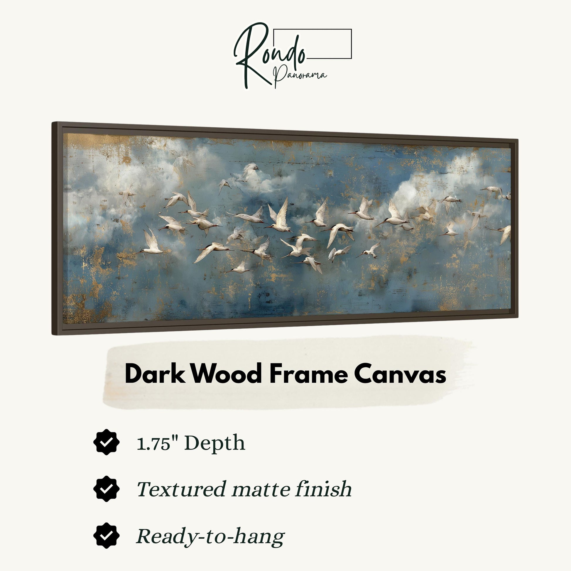 a dark wood frame canvas depicting a flock of white birds flying across a cloudy sky.
