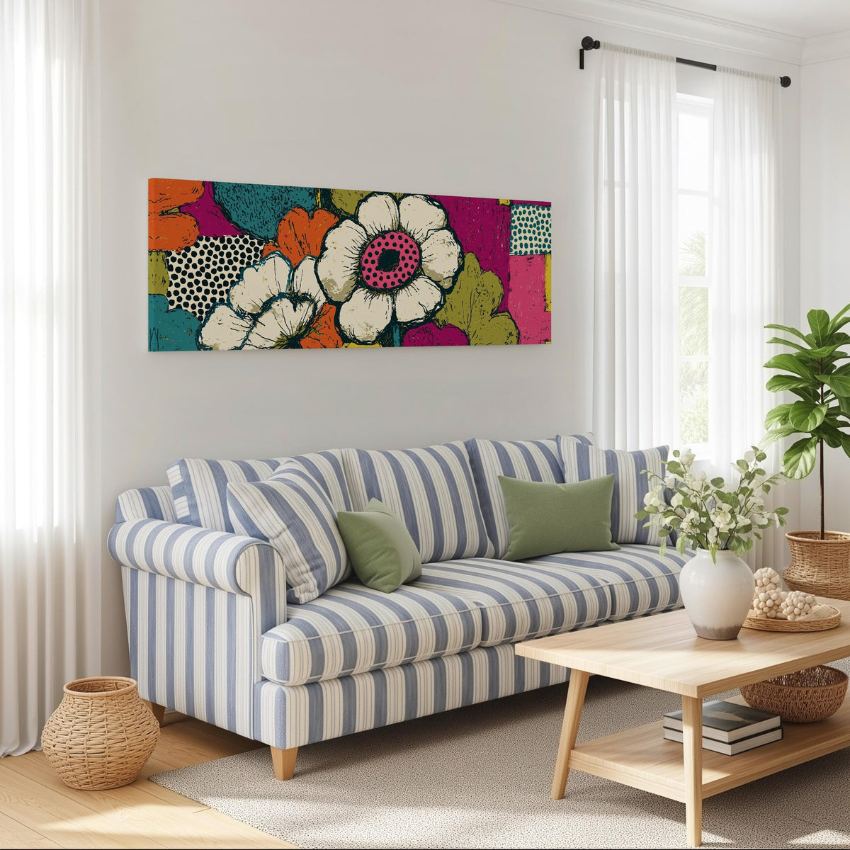 Bold pop blossoms long horizontal canvas print above a striped sofa in a coastal living room