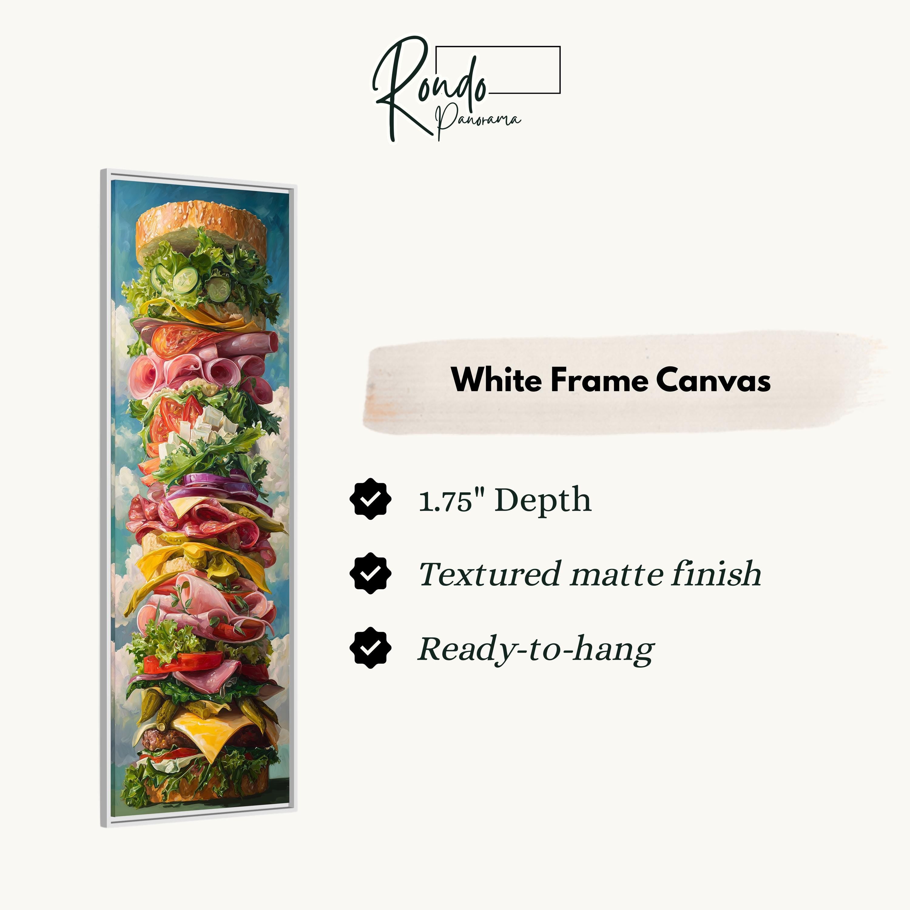 The image is a white frame canvas depicting a tall stack of various food items, including a sandwich, vegetables, and other ingredients.