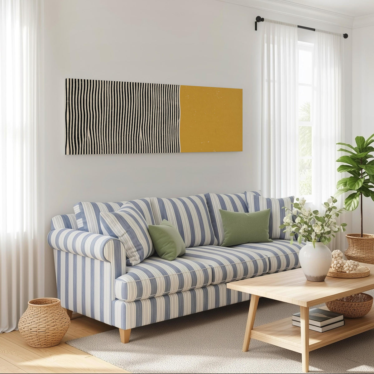 Black wavy stripes beside a mustard block long horizontal canvas print above a striped sofa in a coastal living room