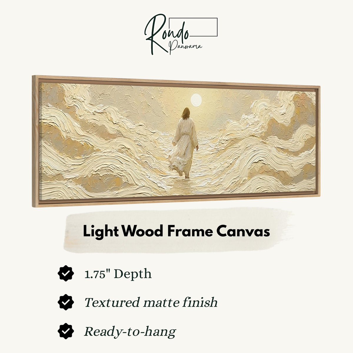Jesus walking on golden waves canvas print in a light wood floating frame