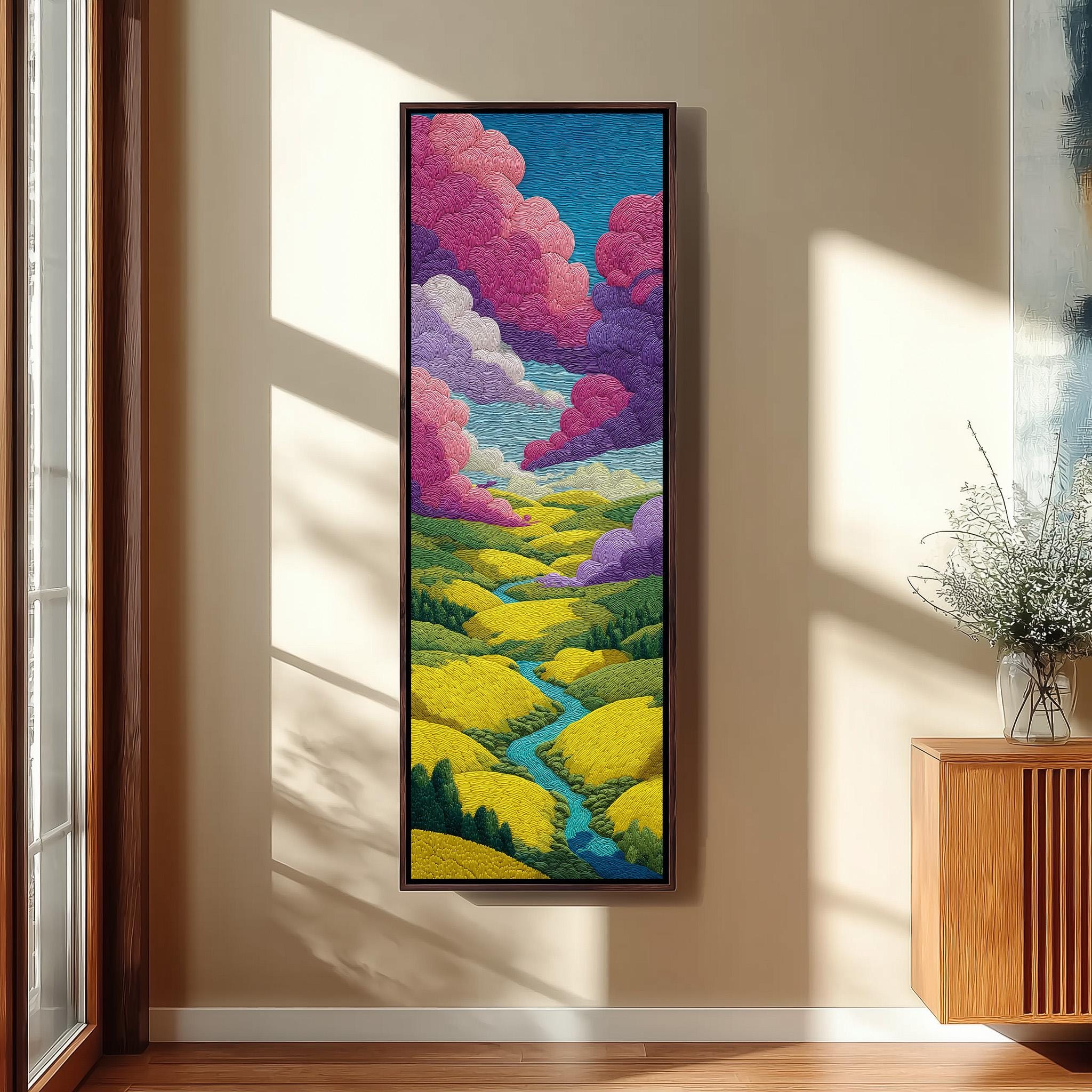 a large, colorful painting of a landscape with a winding river and vibrant clouds hanging on a wall.