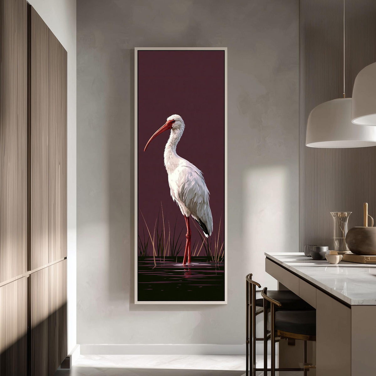 White ibis on a plum background tall skinny canvas print in a modern kitchen