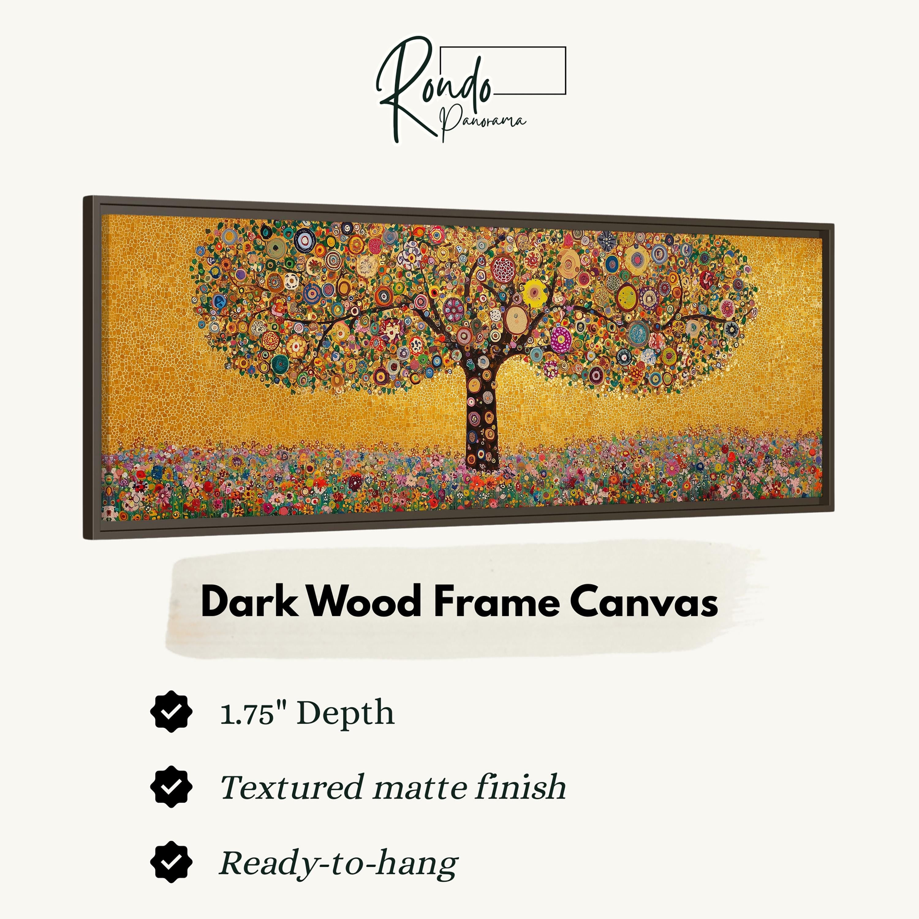 The image is a framed artwork depicting a tree with a golden background, showcasing a variety of colorful flowers and leaves.