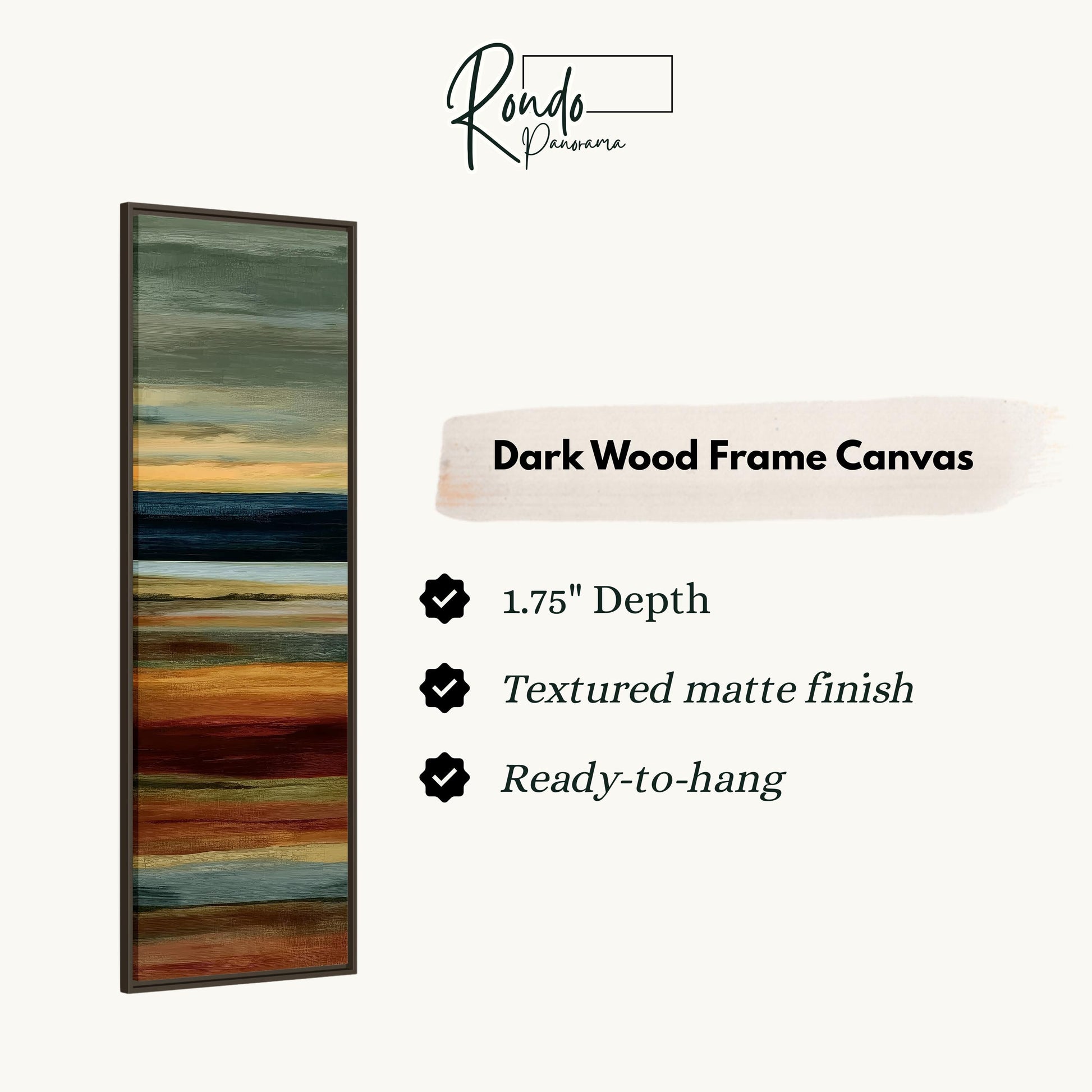 The image is a product description for a dark wood frame canvas. It features a vertical painting with a gradient of colors, and provides details about the product, including its dimensions, finish, and hanging capabilities.