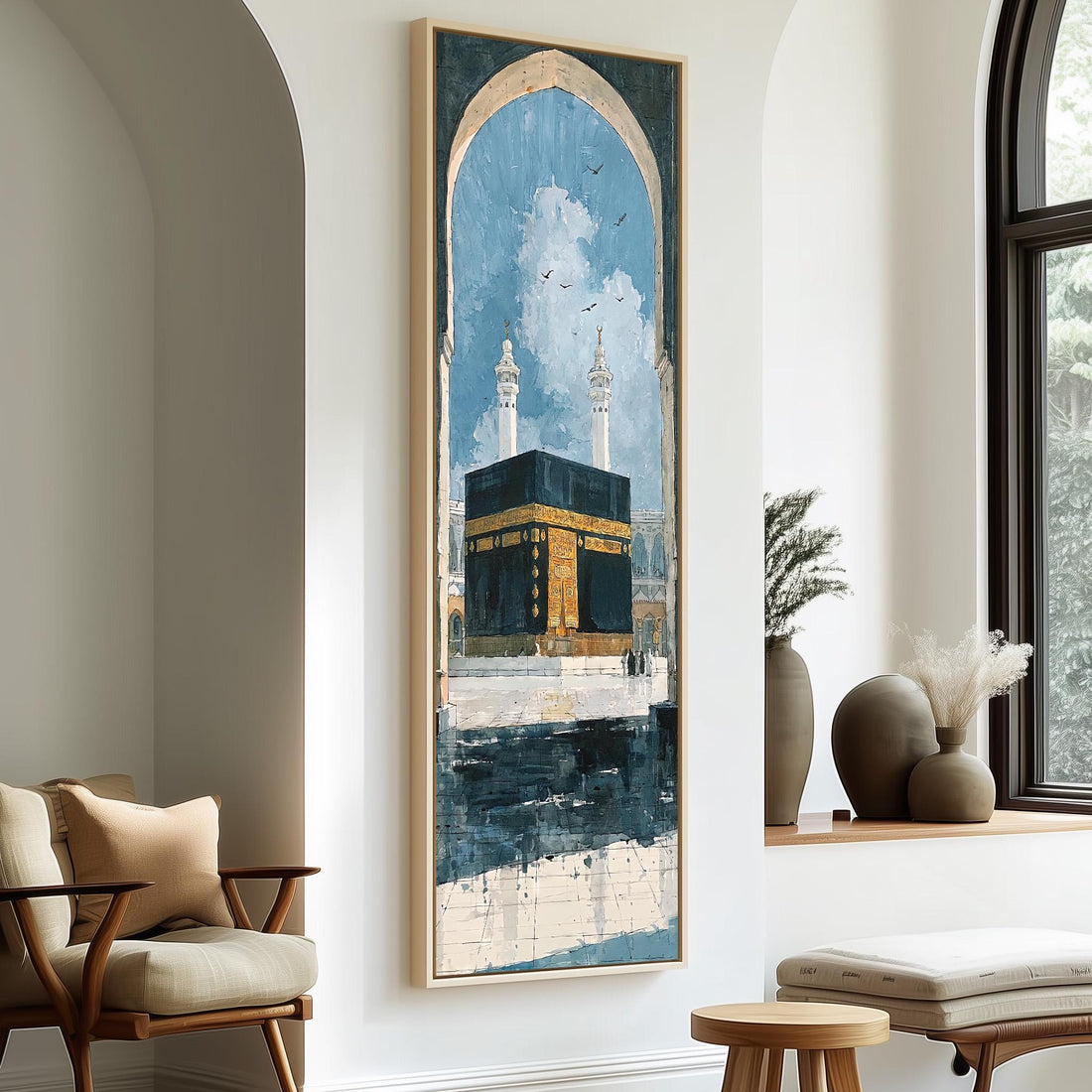 The Kaaba seen through an arch long vertical canvas print in a sunlit living space