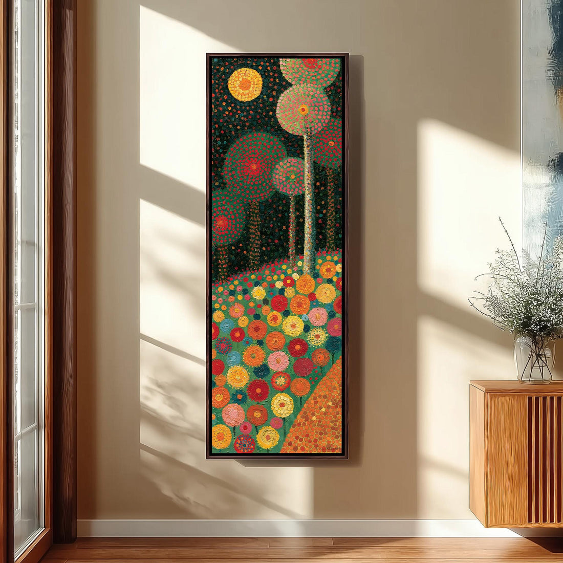 Moody dotted flower garden long vertical canvas print in a sunlit living space