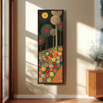 Moody dotted flower garden long vertical canvas print in a sunlit living space