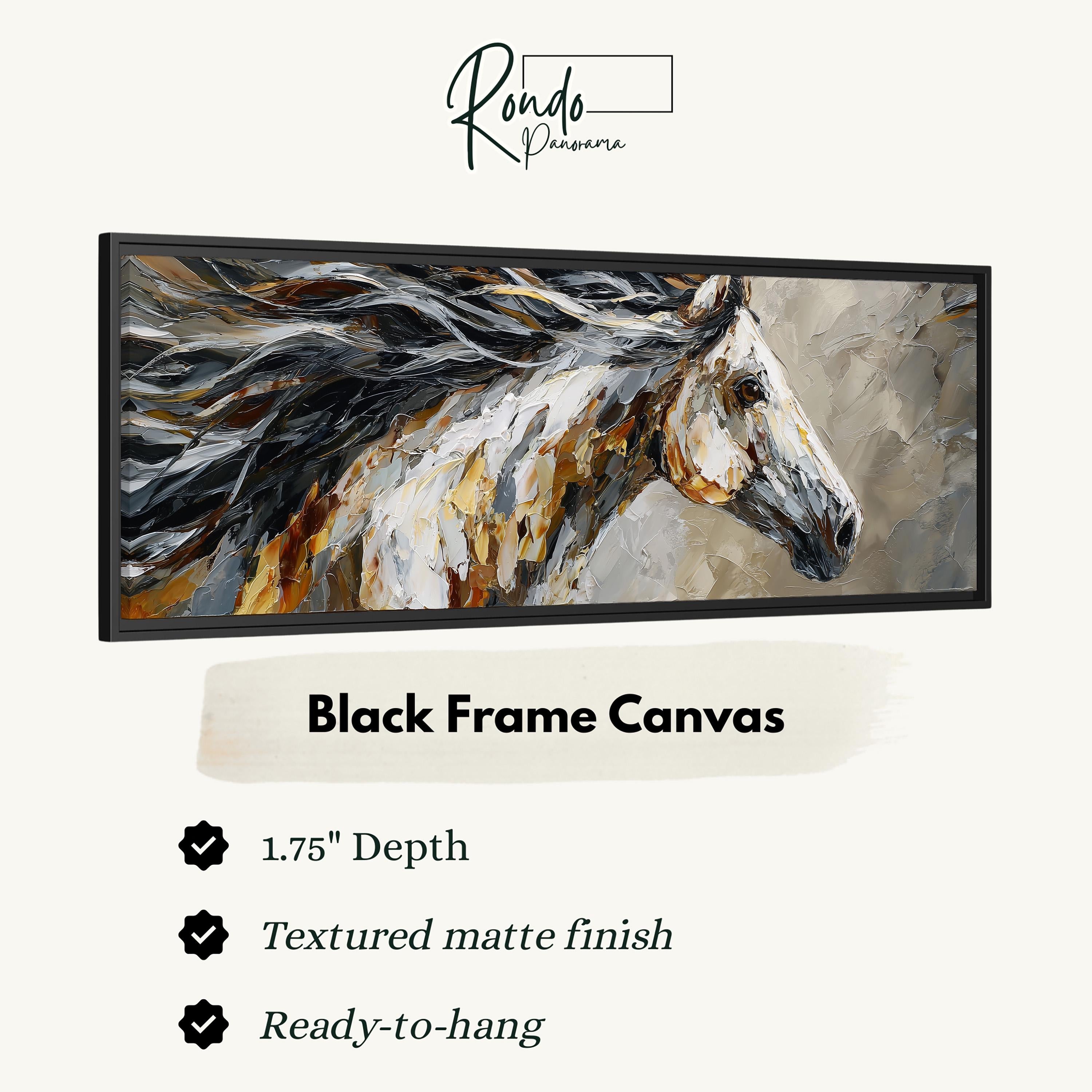 The image is a black frame canvas depicting a close-up of a horse's head with flowing mane and tail.