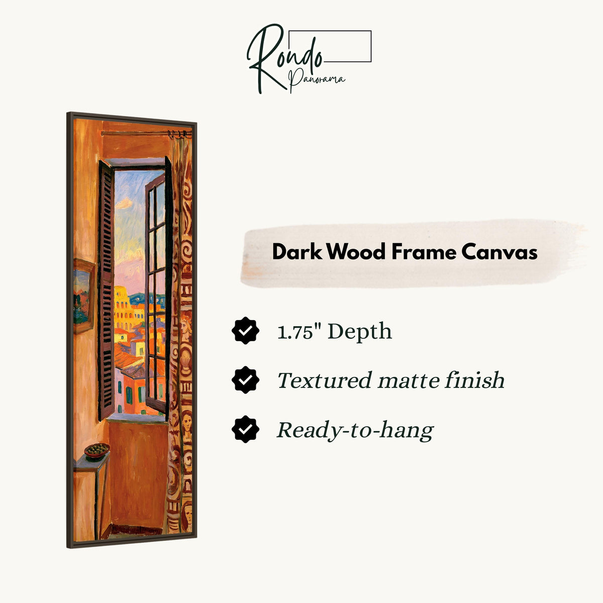 Rome's Colosseum through a tall orange room window canvas print in a dark wood floating frame