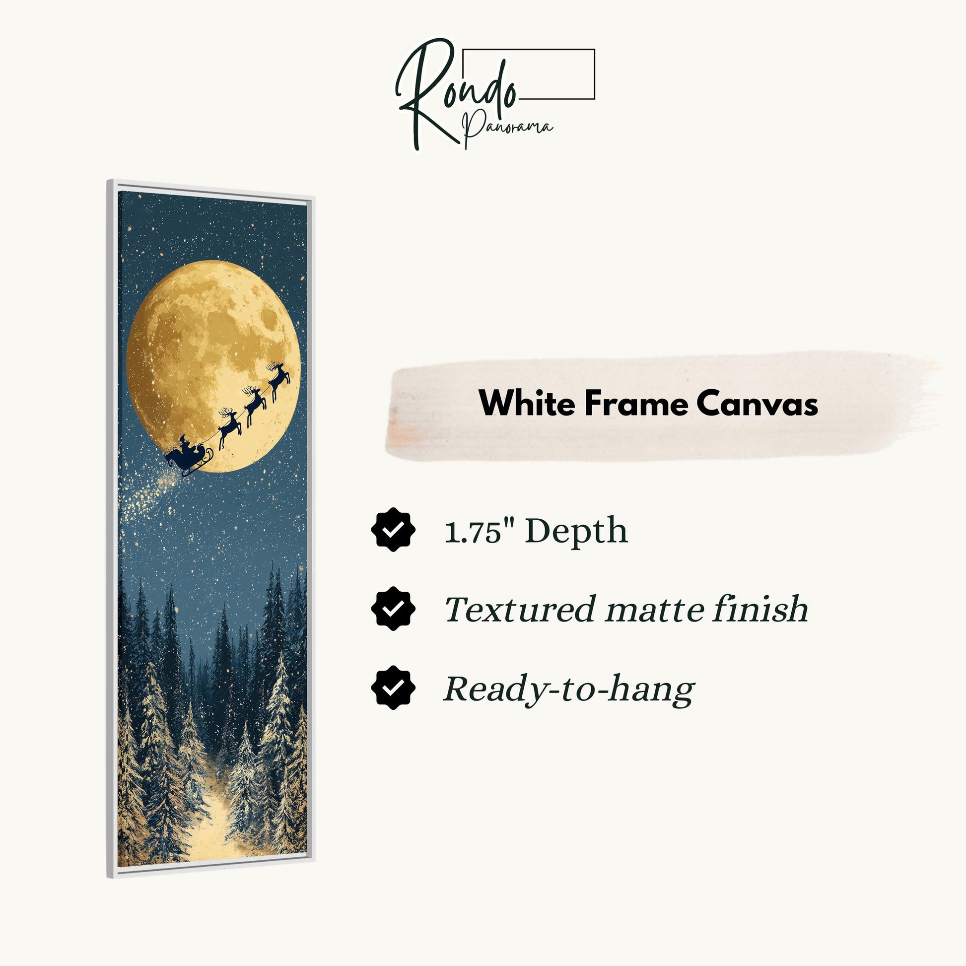 The image is a white frame canvas depicting a snowy forest scene with a full moon and a sleigh in the distance.