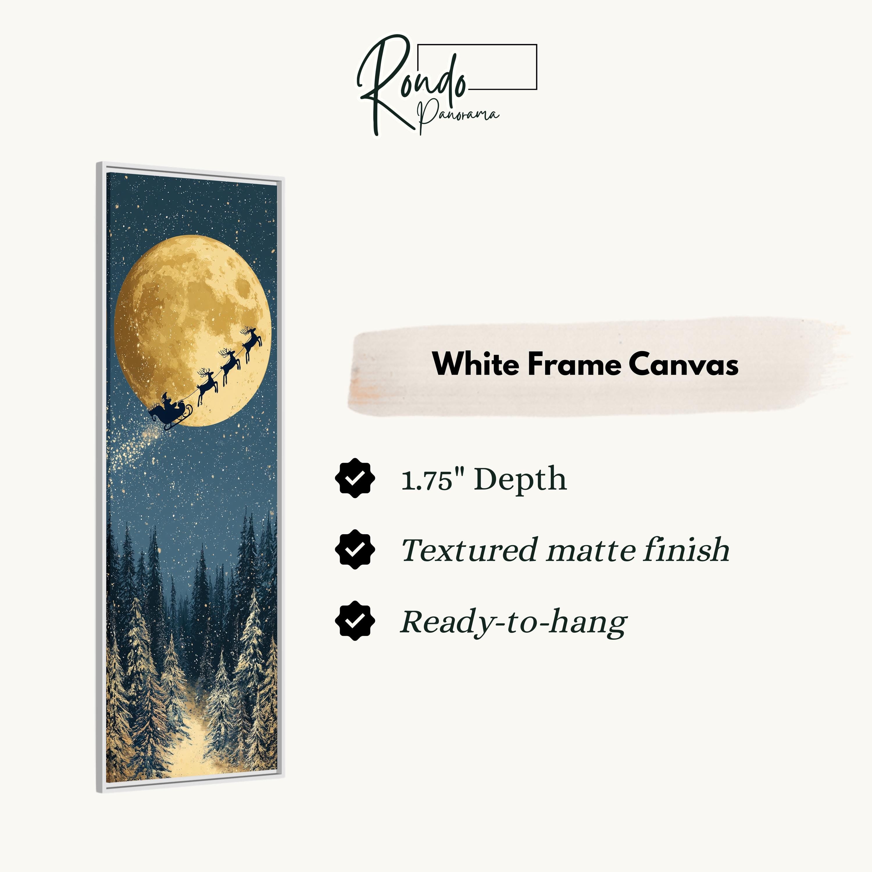 The image is a white frame canvas depicting a snowy forest scene with a full moon and a sleigh in the distance.
