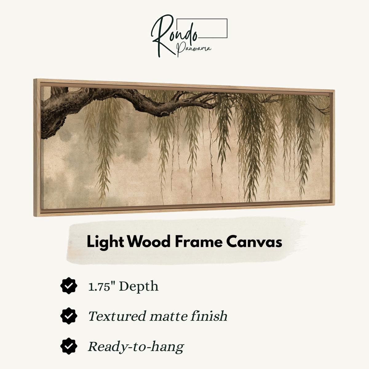 Hanging willow branches canvas print in a light wood floating frame