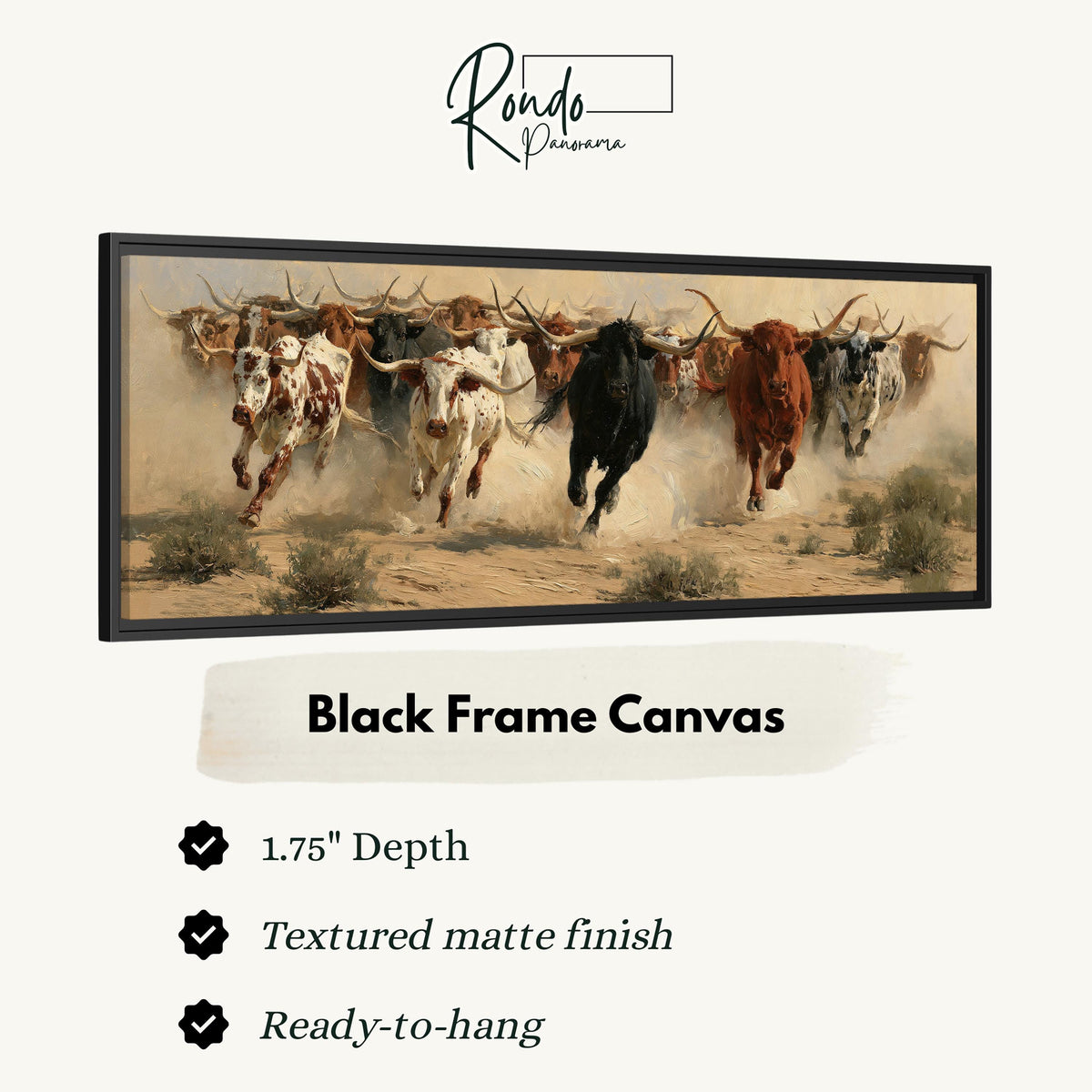 Charging longhorn herd canvas print in a black floating frame