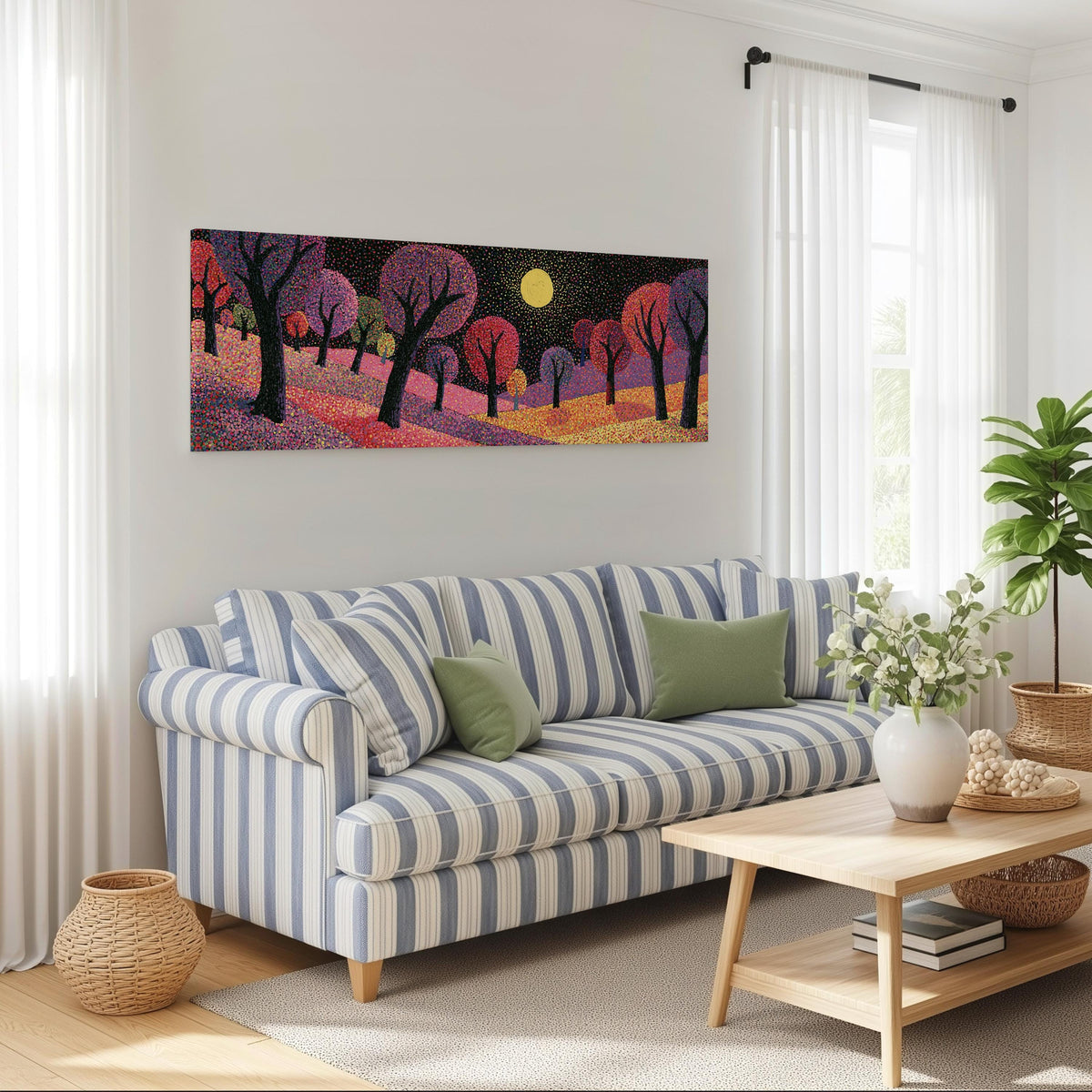 Purple dusk forest under the moon long horizontal canvas print above a striped sofa in a coastal living room