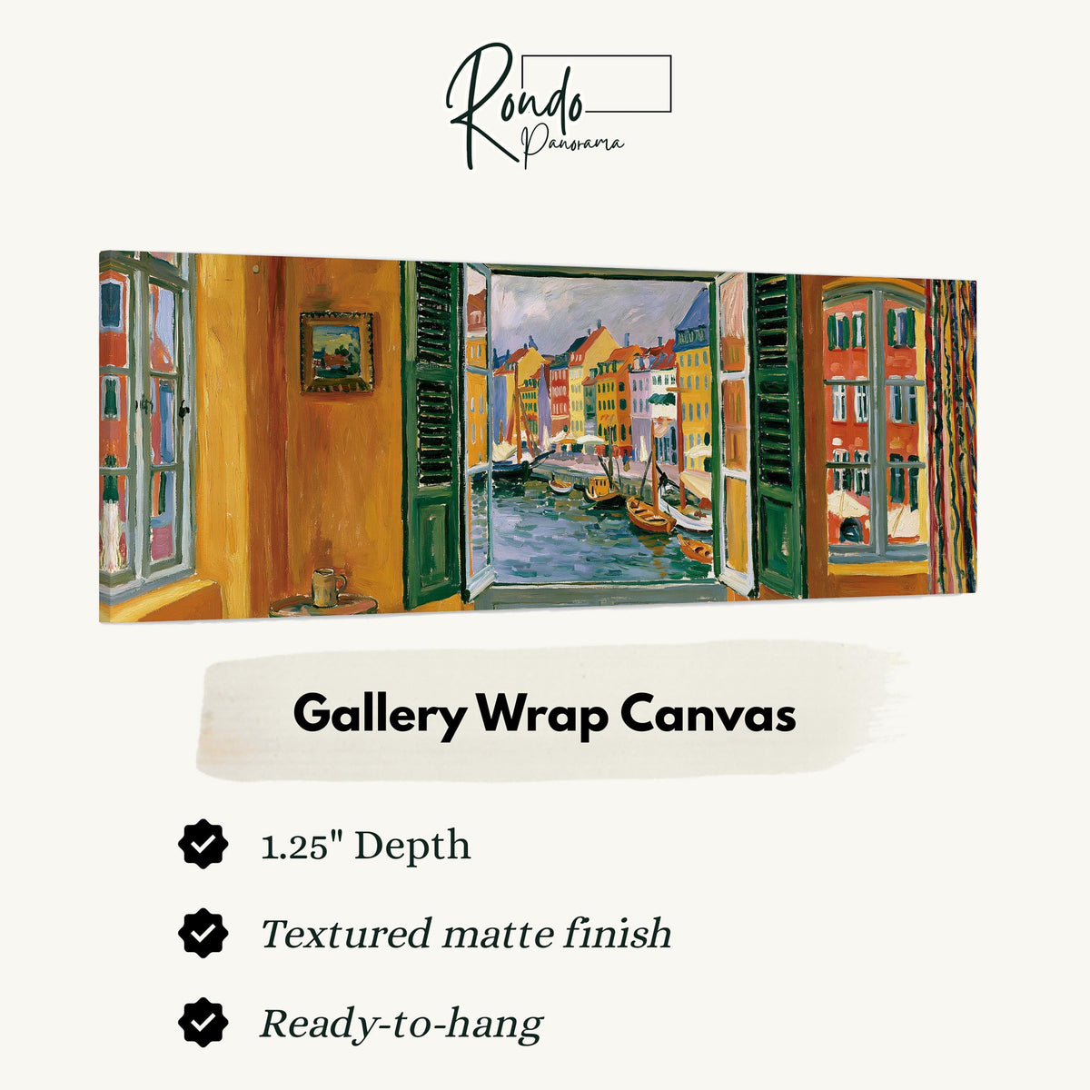 Copenhagen's colorful canal through a window gallery wrap canvas with the image wrapped around the edges