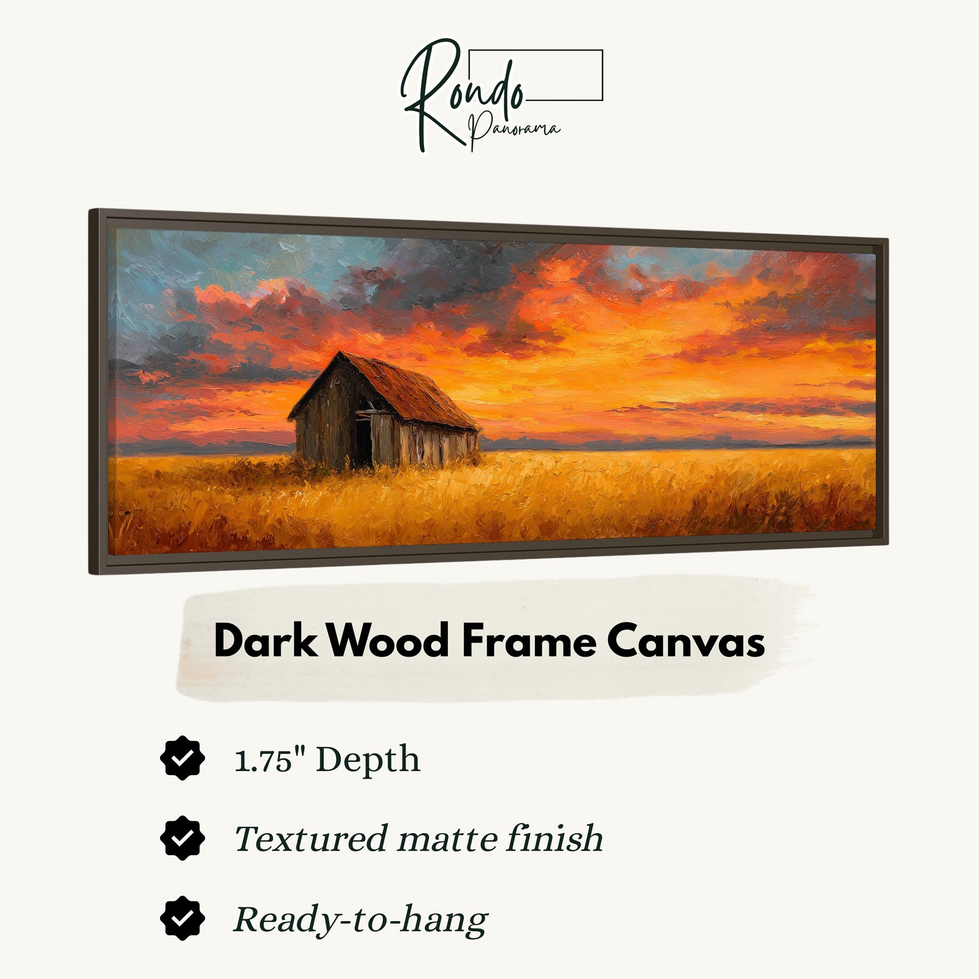 The image is a painting of a barn in a field at sunset, with a dark wood frame.