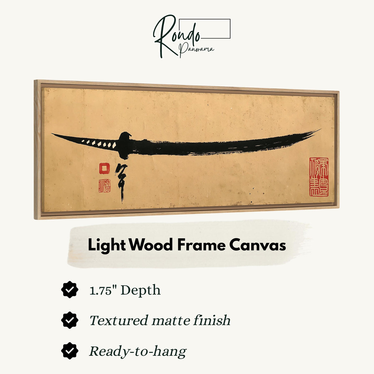 Ink brush katana canvas print in a light wood floating frame