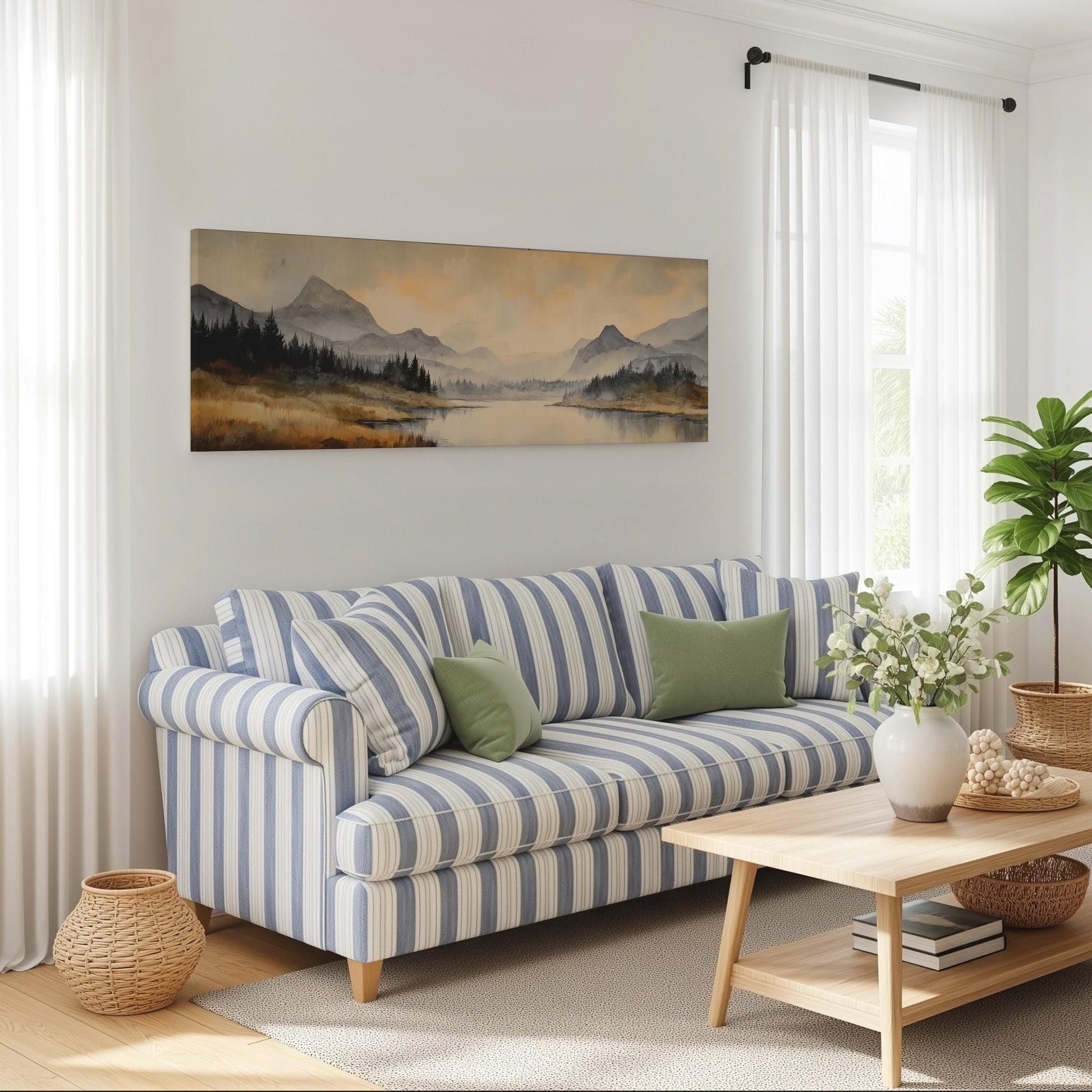 a cozy living room with a striped blue and white sofa, a wooden coffee table, and a large landscape painting hanging on the wall above the sofa.
