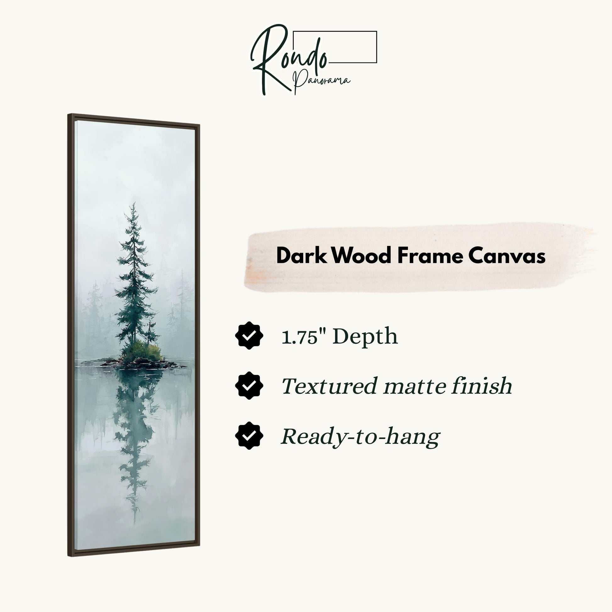 The image is a vertical dark wood frame canvas depicting a misty forest scene with a tall tree in the center.