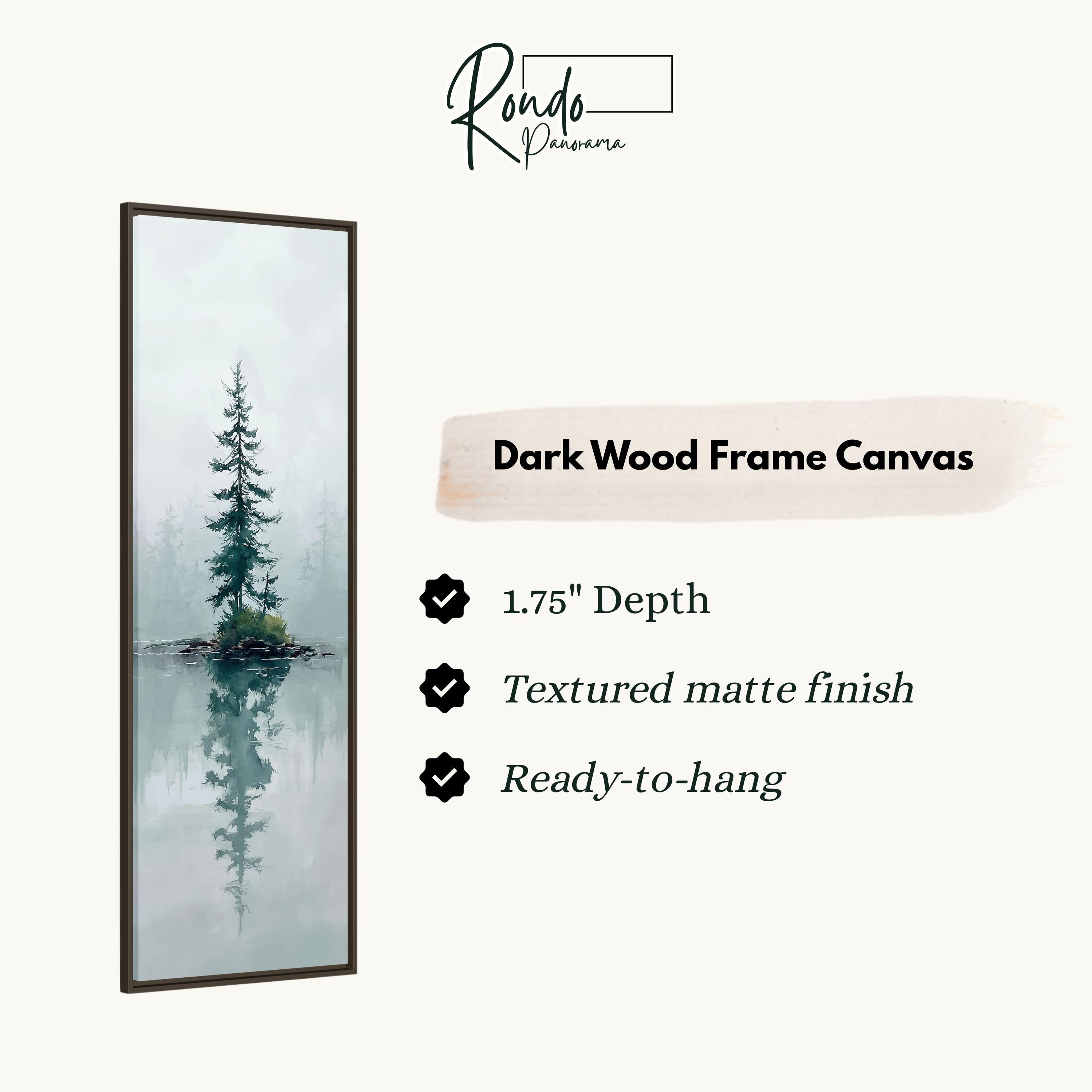 The image is a vertical dark wood frame canvas depicting a misty forest scene with a tall tree in the center.