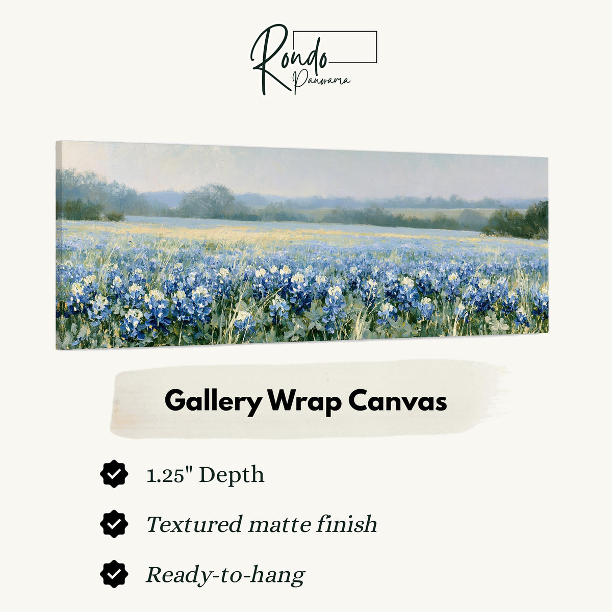 Field of bluebonnets gallery wrap canvas with the image wrapped around the edges