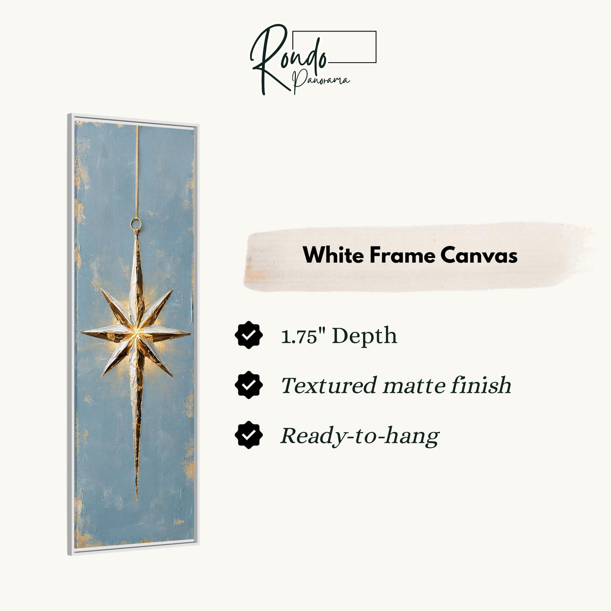 Gold and silver star ornament on blue canvas print in a white floating frame