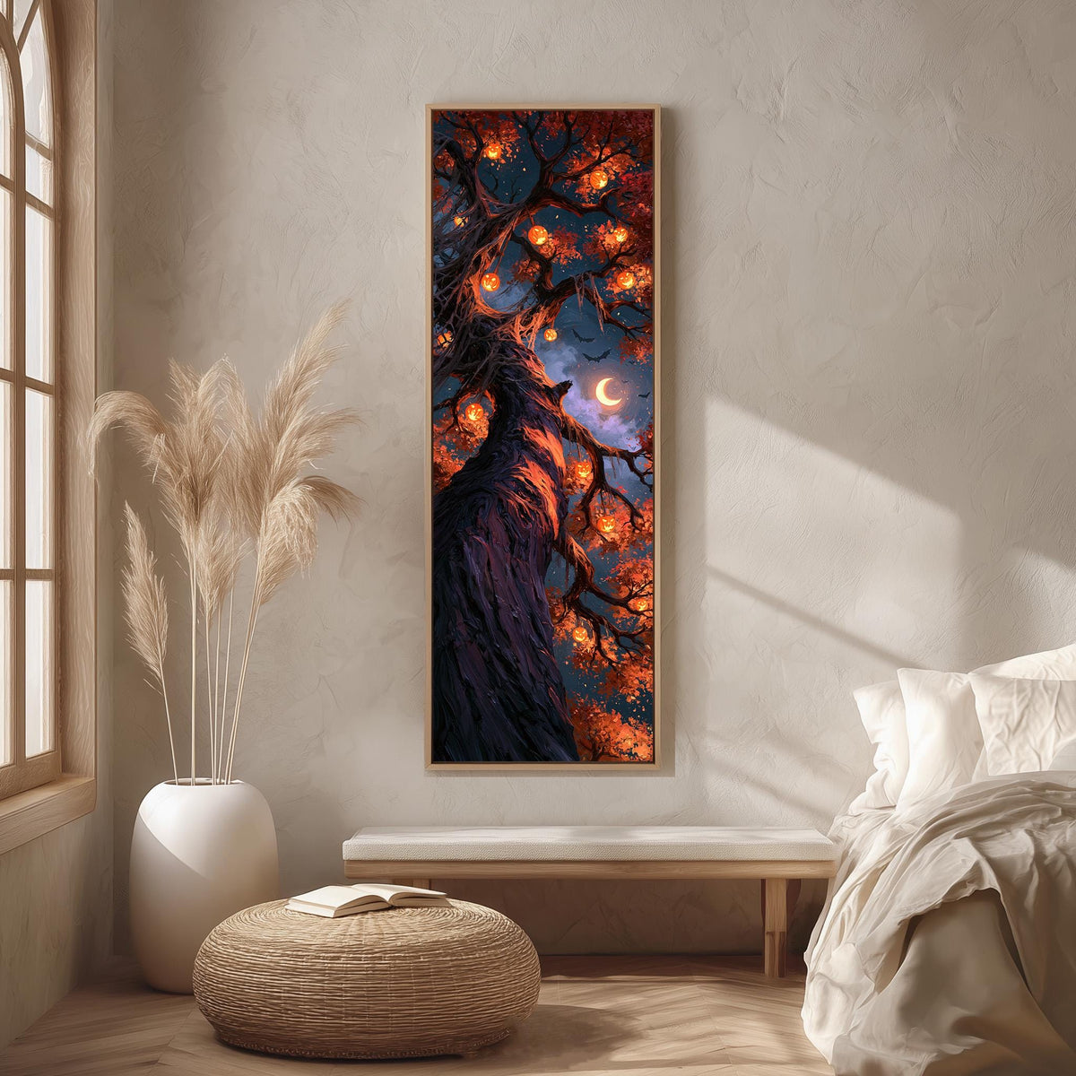 Twisted tree hung with glowing jack-o'-lanterns long vertical canvas print in a bright reading corner