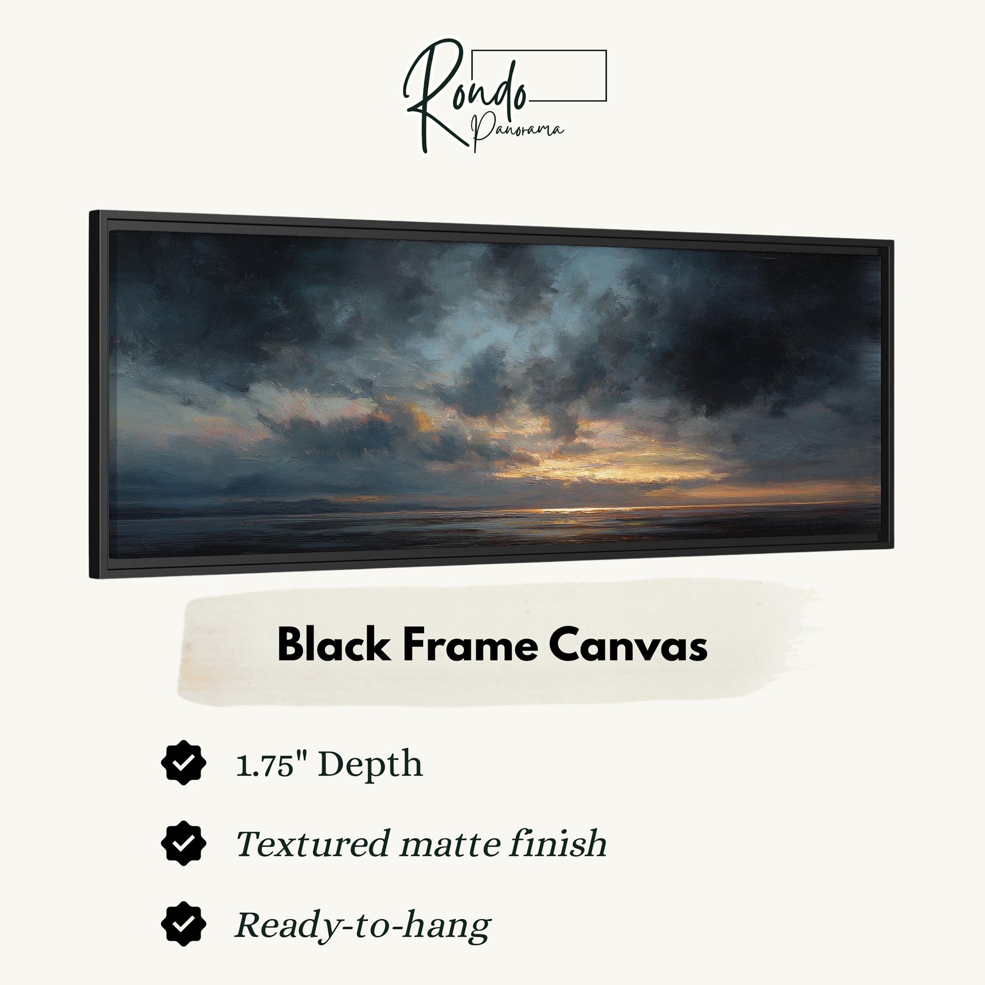 The image is a black frame canvas depicting a serene landscape with a sunset over the ocean.