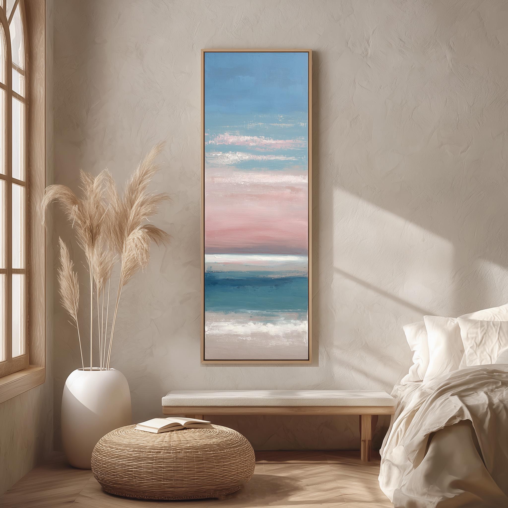a serene bedroom scene with a large painting of a beach scene hanging on the wall, a white bed with a white pillow, a white vase with tall potted plants, and a woven ottoman in front of the bed.