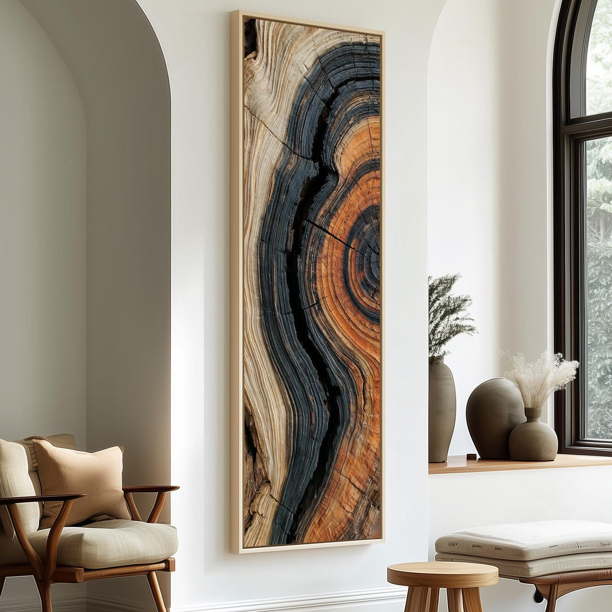 Charred tree ring close up long vertical canvas print in a sunlit living space