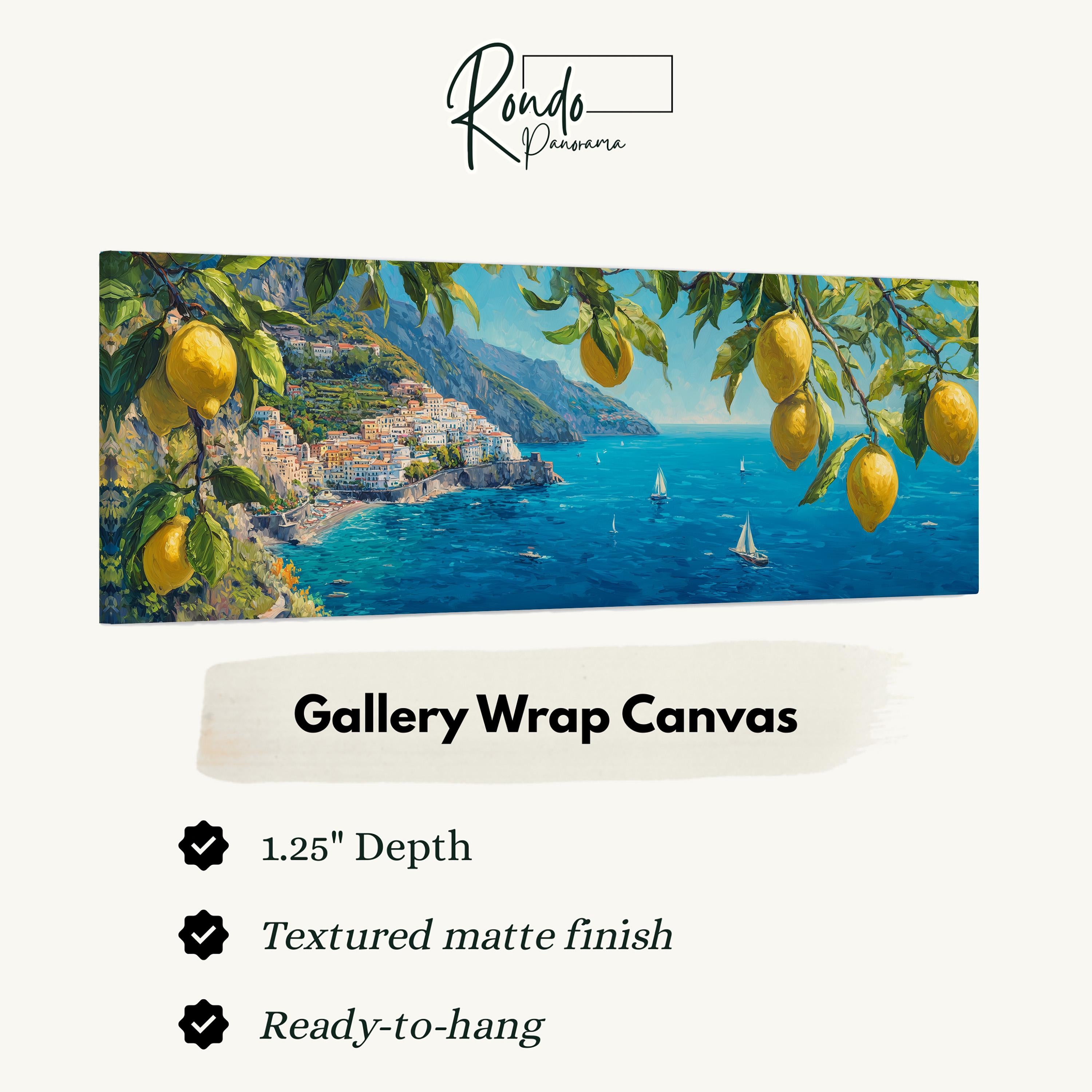 The image is a painting of a coastal town with lemon trees and boats in the water.
