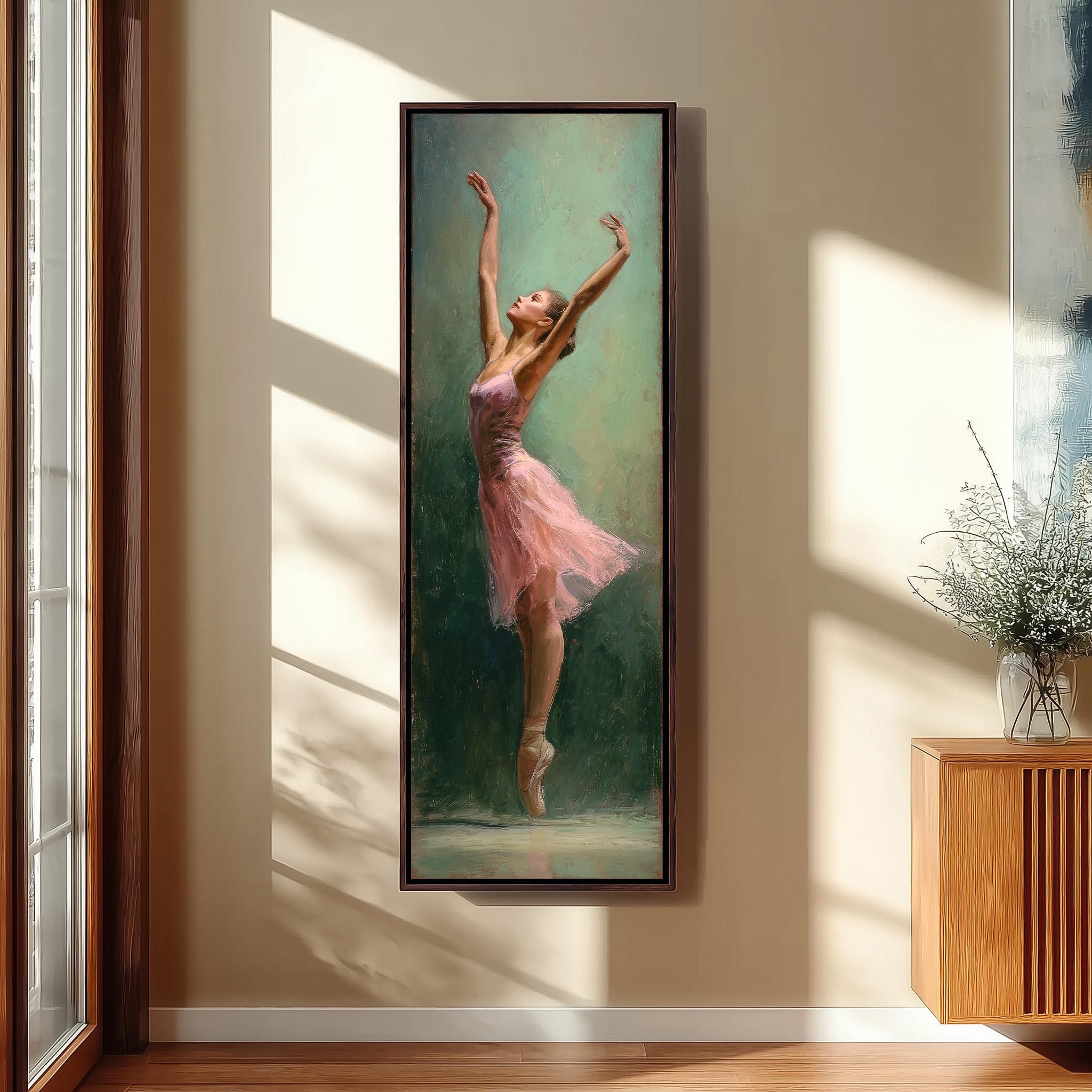 a painting of a woman in a pink dress with her arms raised, set against a green background.