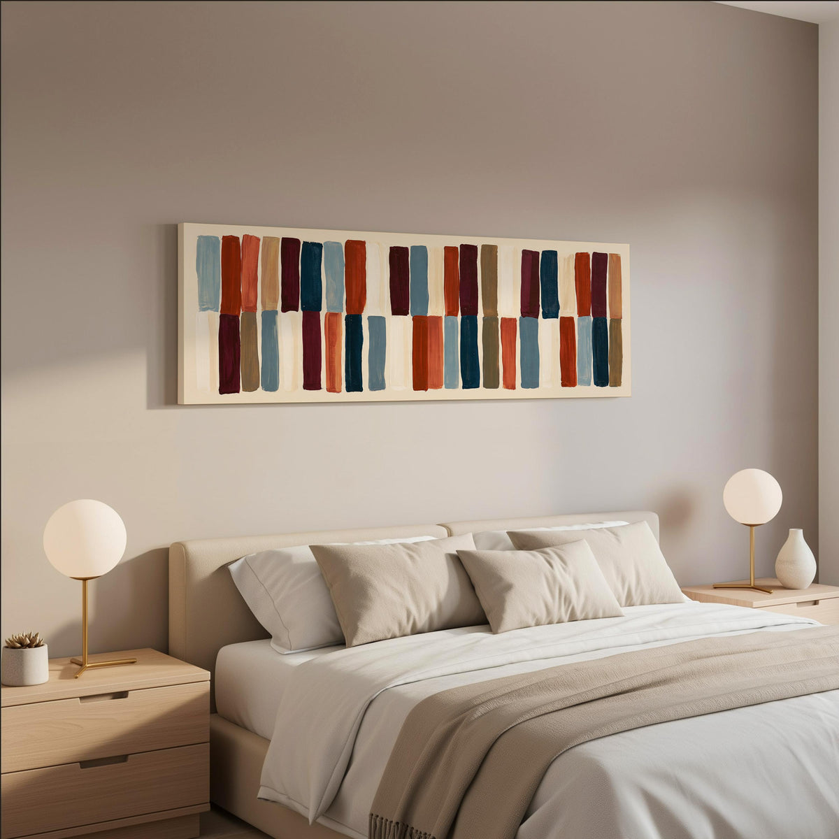 Two tiers of staggered stripe blocks wide panoramic canvas print above a bed in a neutral bedroom